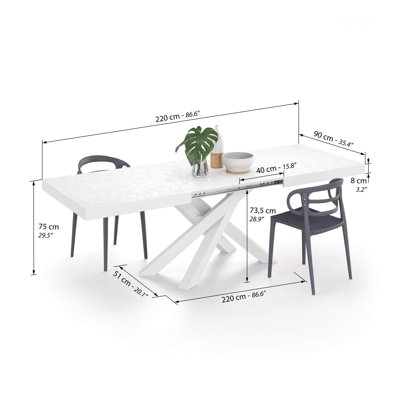 Masă extensibilă Emma 140(220)x90 cm, Alb Ciment cu picioare încrucișate albe - Immagine tecnica 2