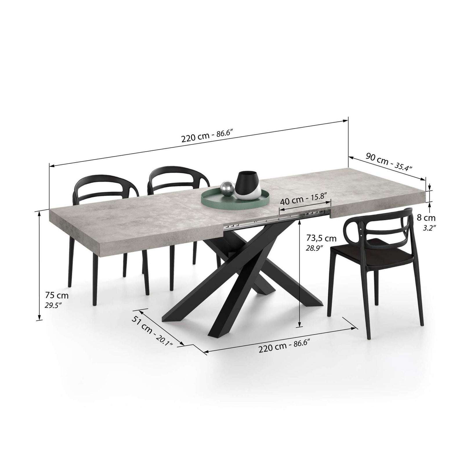 Table Extensible Emma 140(220)x90 cm, Gris Béton avec Pieds Croisés Noirs - Immagine tecnica 2