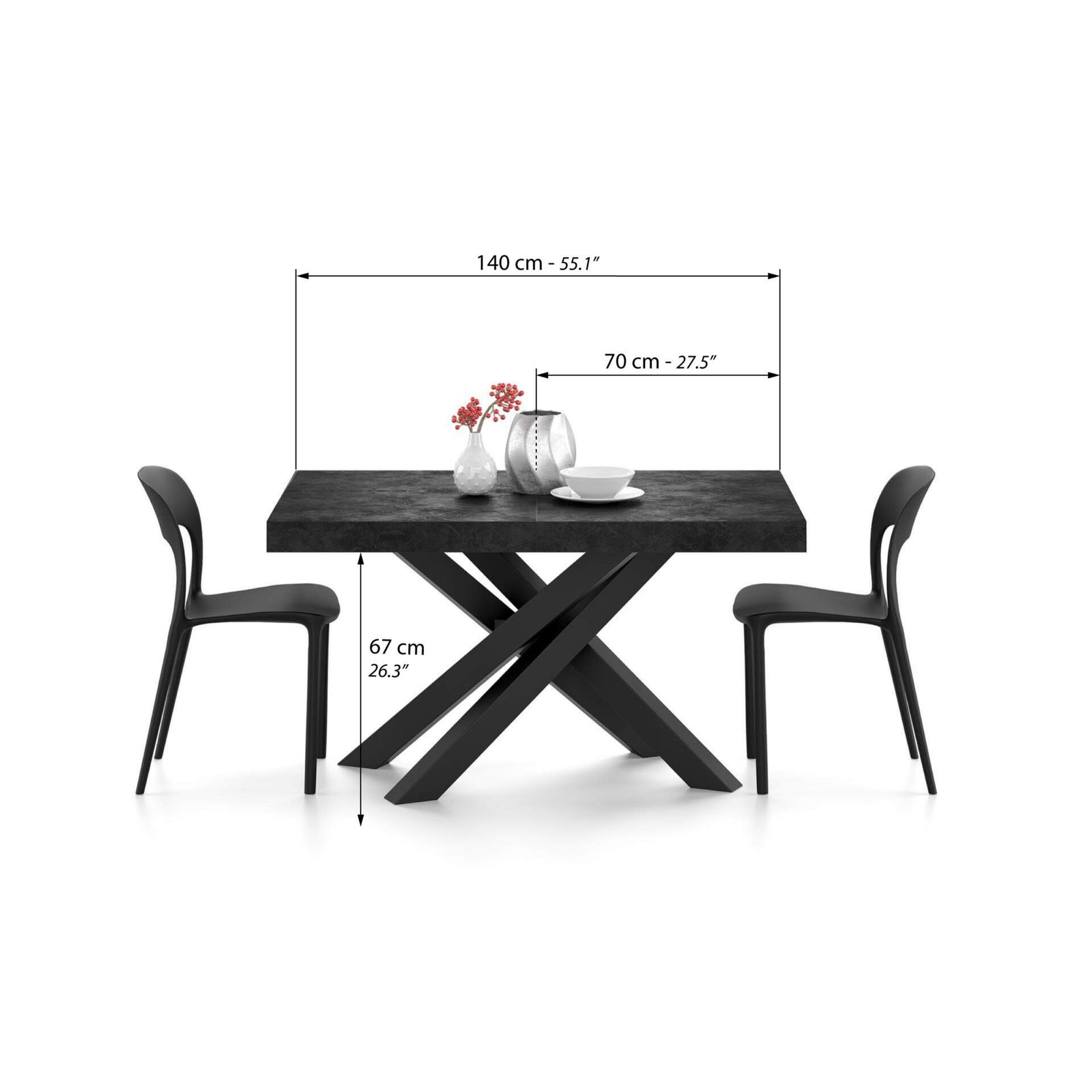 Table Extensible Emma 140(220)x90 cm, Noir Béton avec Pieds Croisés Noirs - Immagine tecnica 1