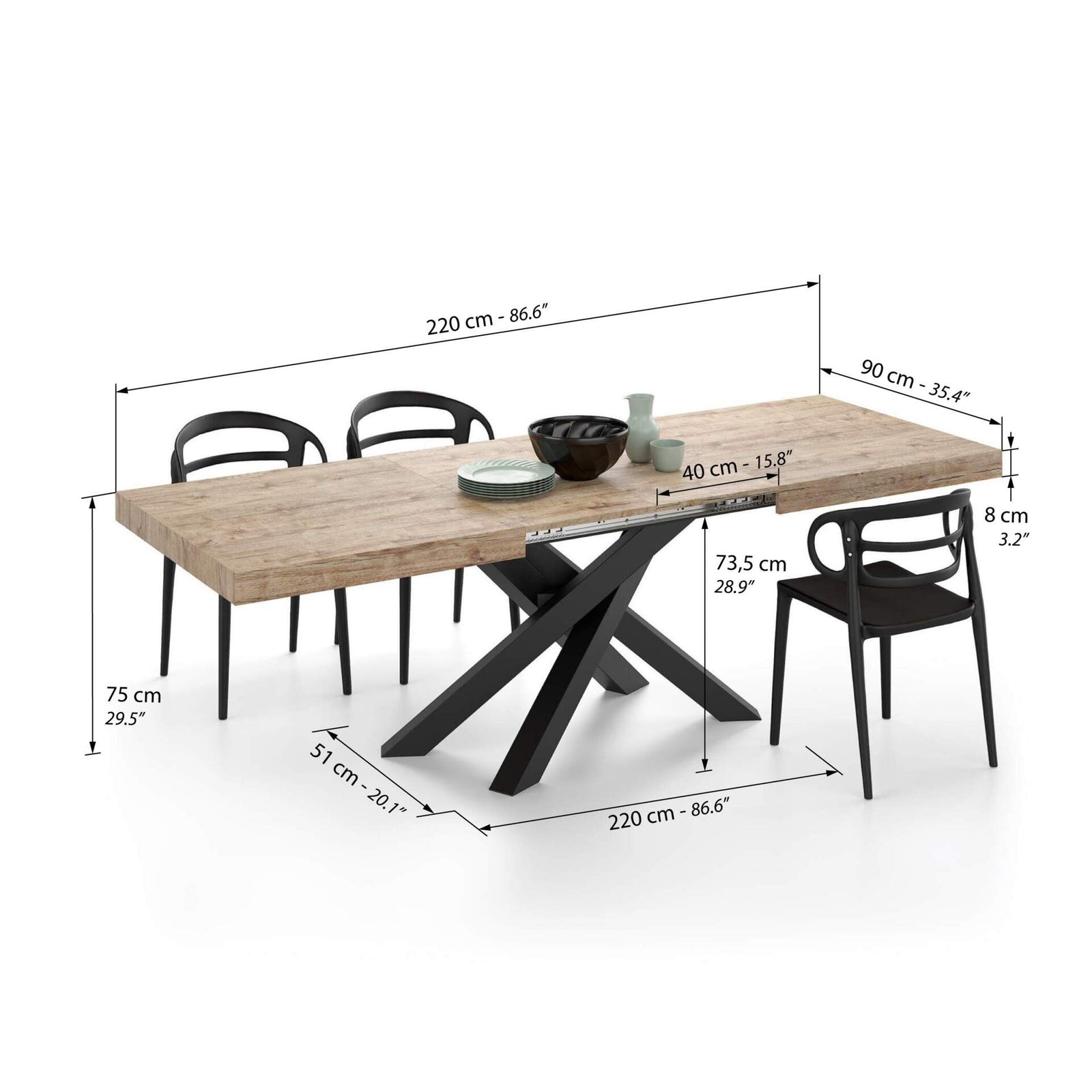 Table Extensible Emma 140(220)x90 cm, Chêne naturel avec Pieds Croisés Noirs - Immagine tecnica 2