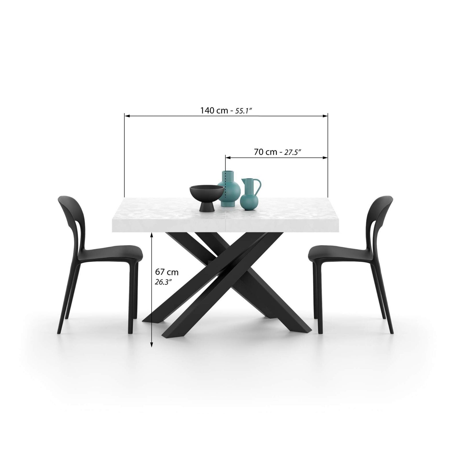 Table Extensible Emma 140(220)x90 cm, Blanc Béton avec Pieds Croisés Noirs - Immagine tecnica 1