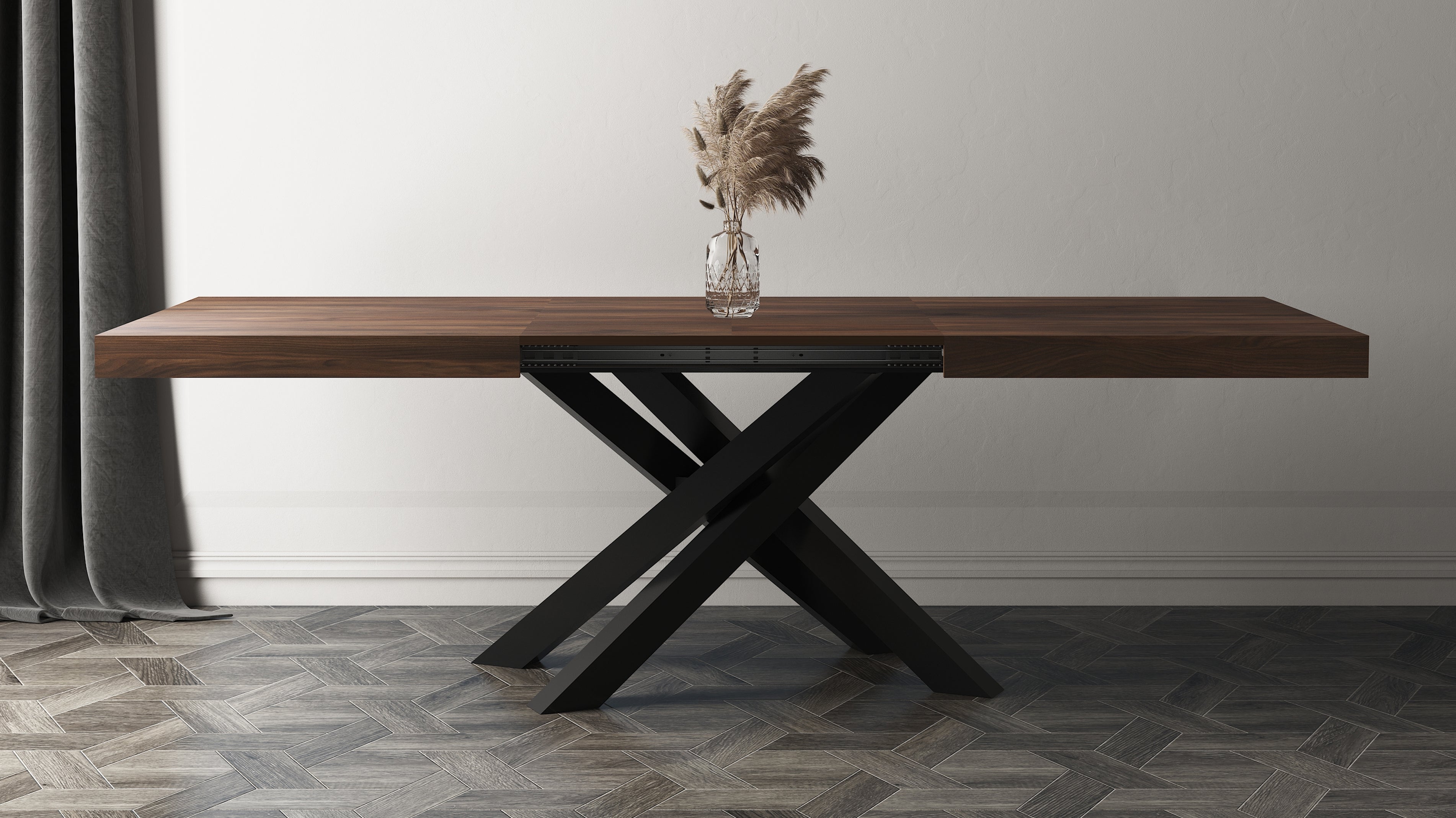 Tavolo Allungabile Emma 160(240)x90 cm, Noce Canaletto con Gambe Incrociate Nere - Immagine ambientata 3