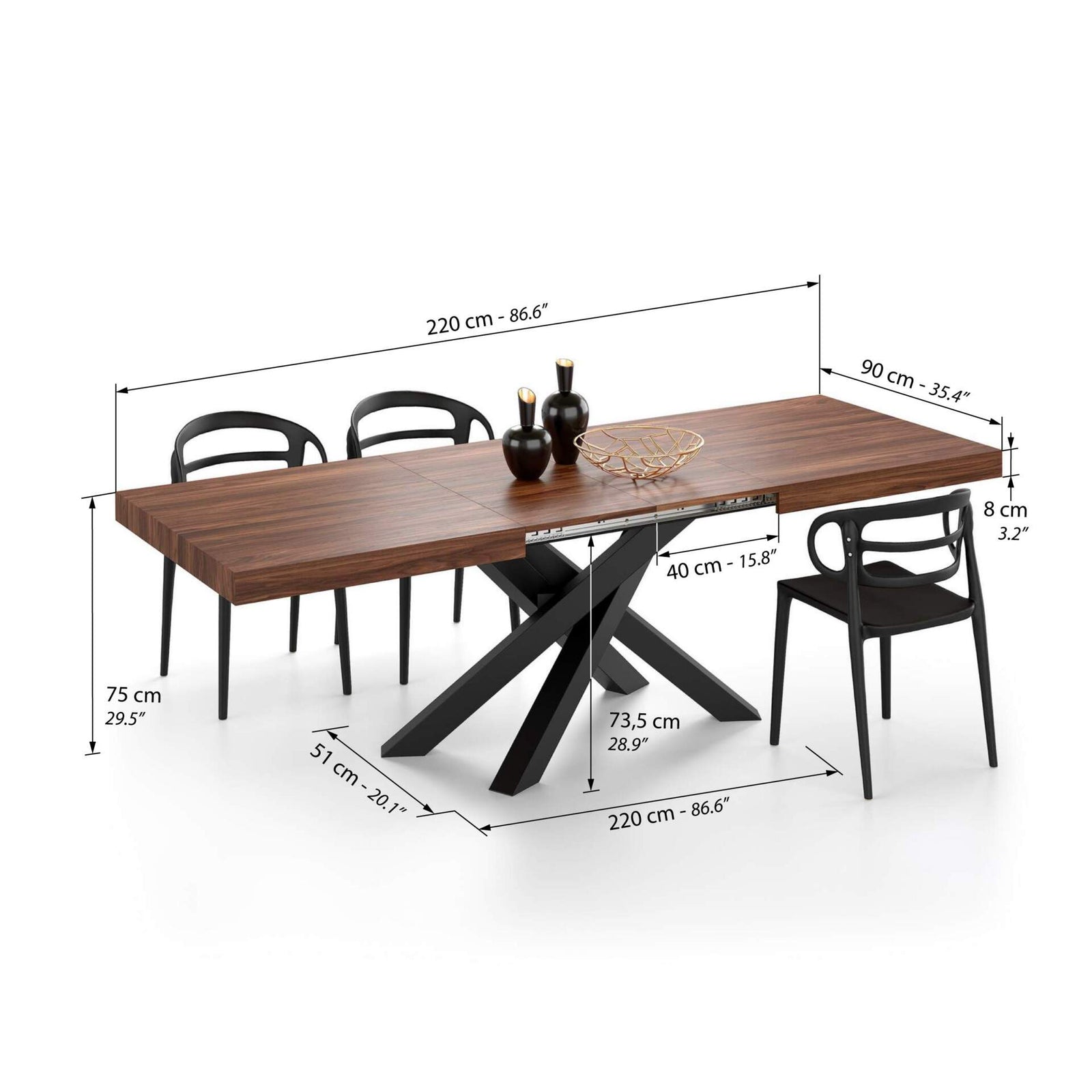 Tavolo Allungabile Emma 140(220)x90 cm, Noce Canaletto con Gambe Incrociate Nere - Immagine tecnica 2