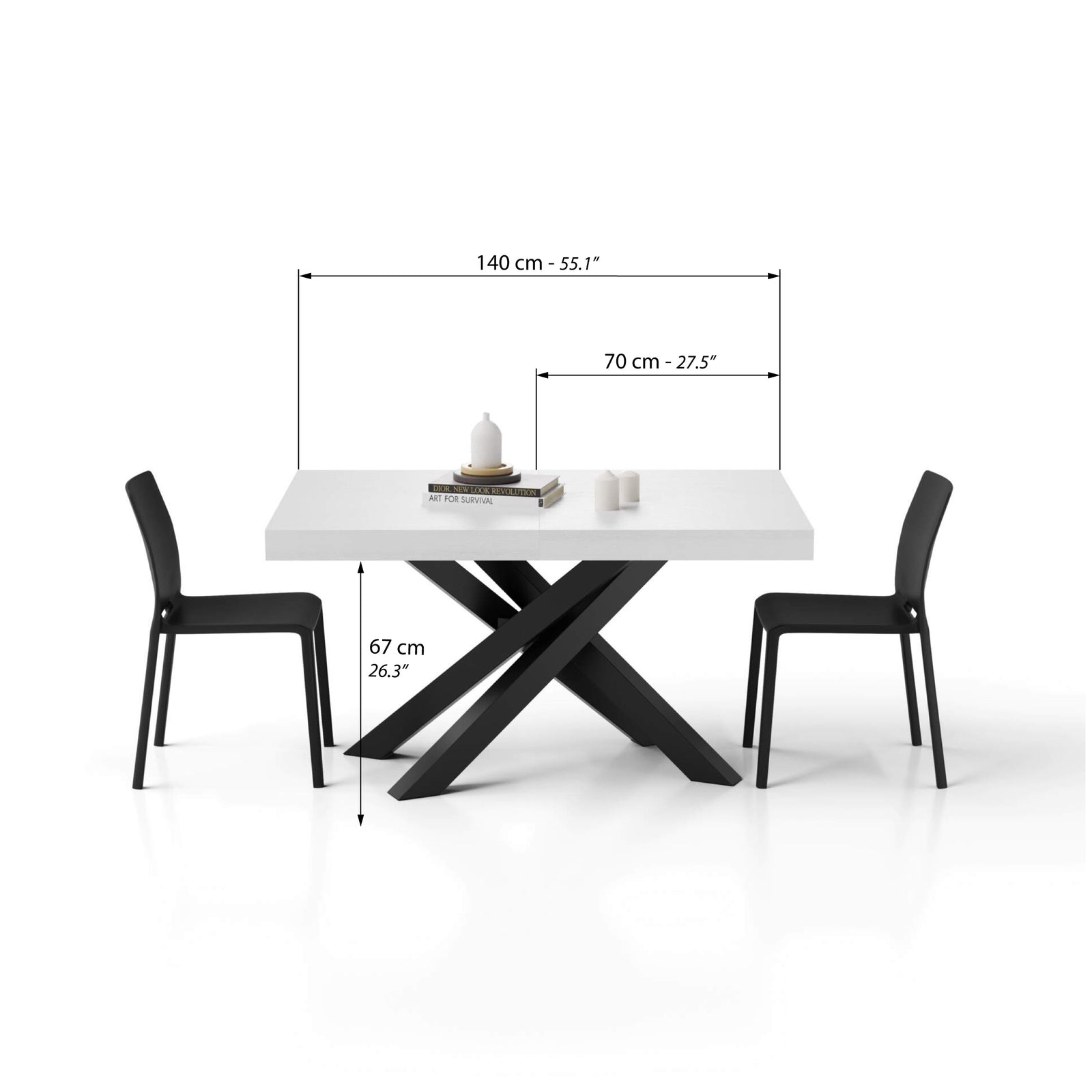 Emma 140(220)x90 cm Extendable Table, Ashwood White with Black Crossed Legs - Immagine tecnica 1