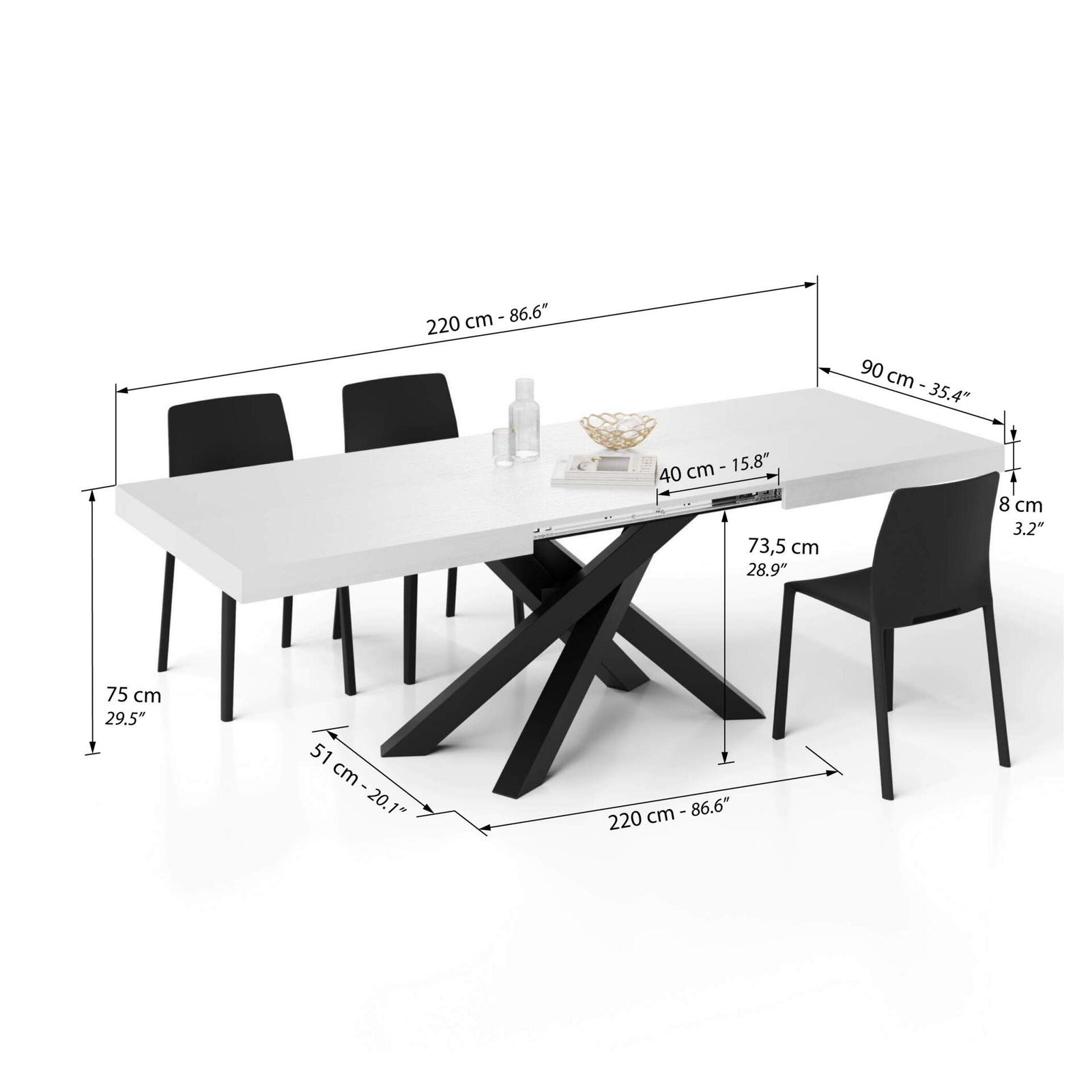 Emma 140(220)x90 cm Extendable Table, Ashwood White with Black Crossed Legs - Immagine tecnica 2