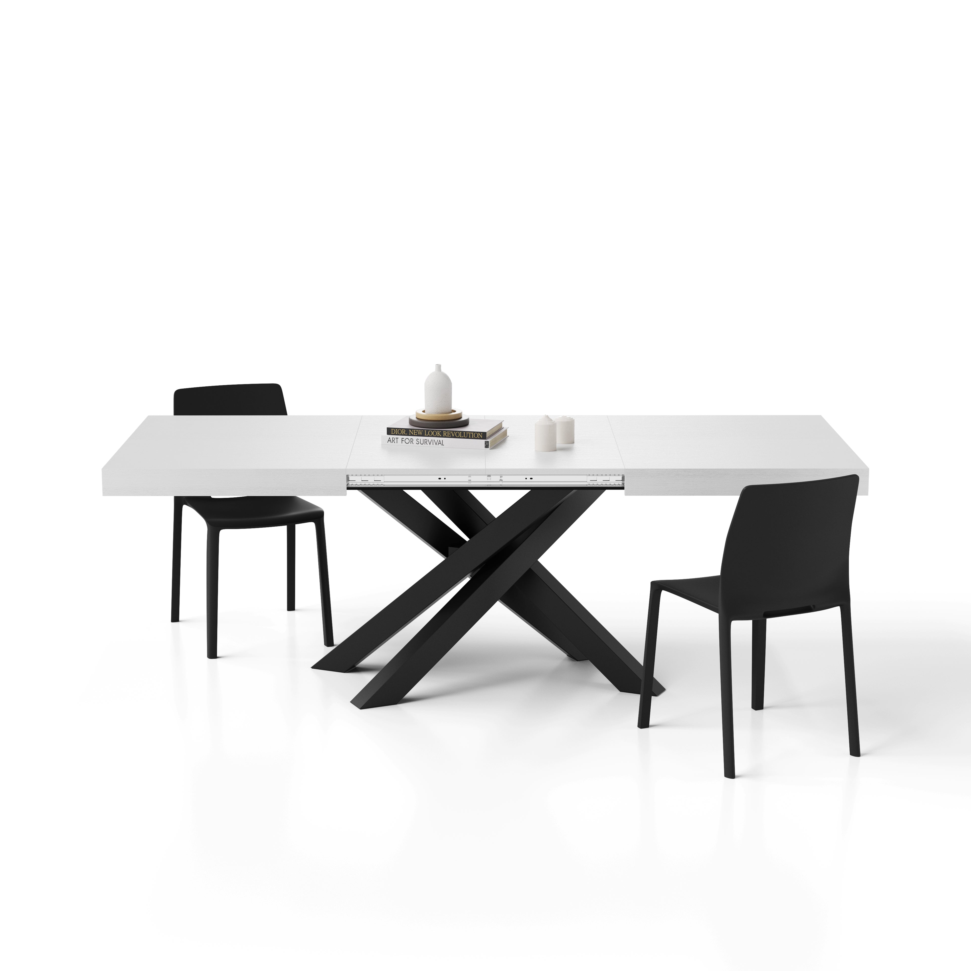 Tavolo Allungabile Emma 140(220)x90 cm, Bianco Frassino con Gambe Incrociate Nere