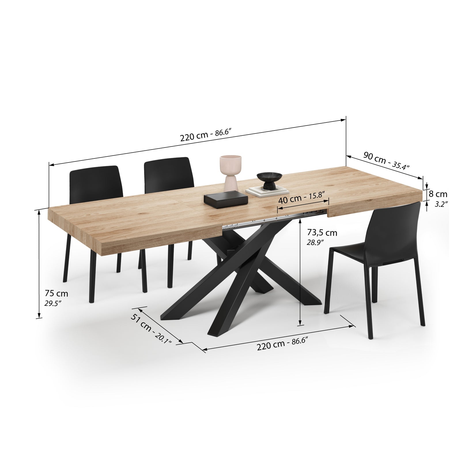 Emma 140(220)x90 cm Extendable Table, Light Oak with Black Crossed Legs - Immagine tecnica 2