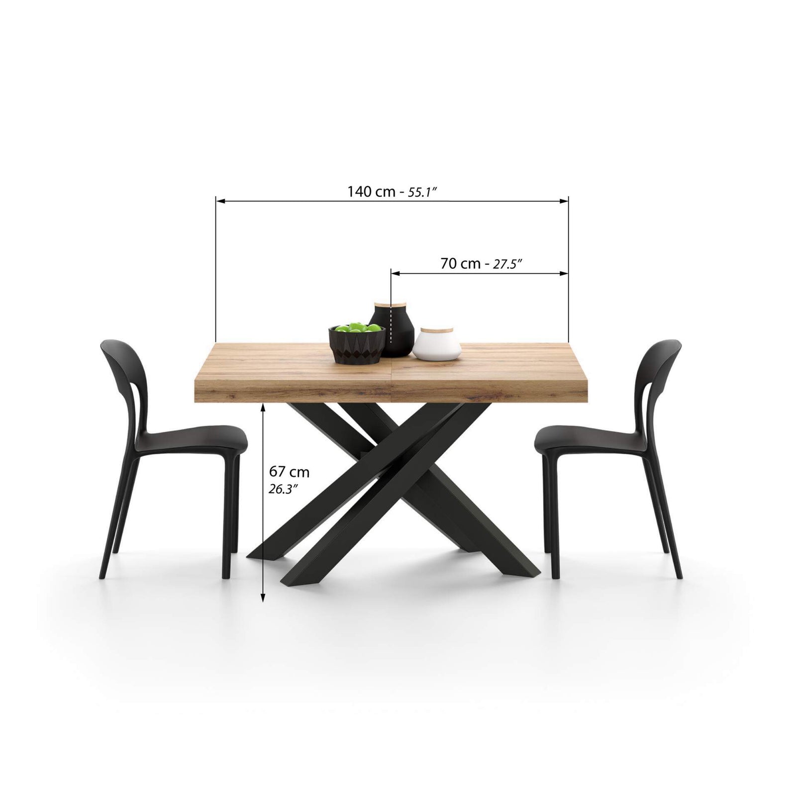 Tavolo Allungabile Emma 140(220)x90 cm, Rovere Rustico con Gambe Incrociate Nere - Immagine tecnica 1
