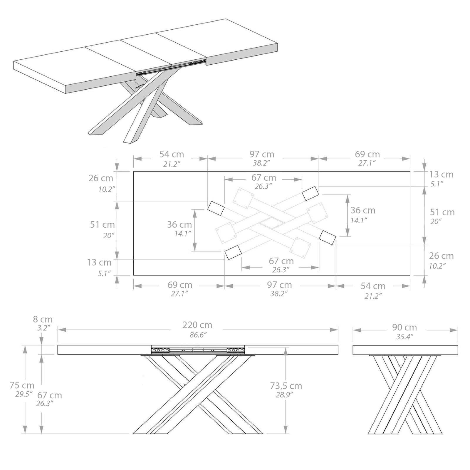 Table Extensible Emma 140(220)x90 cm, Chêne Clair avec Pieds Croisés Blancs - Immagine tecnica 4