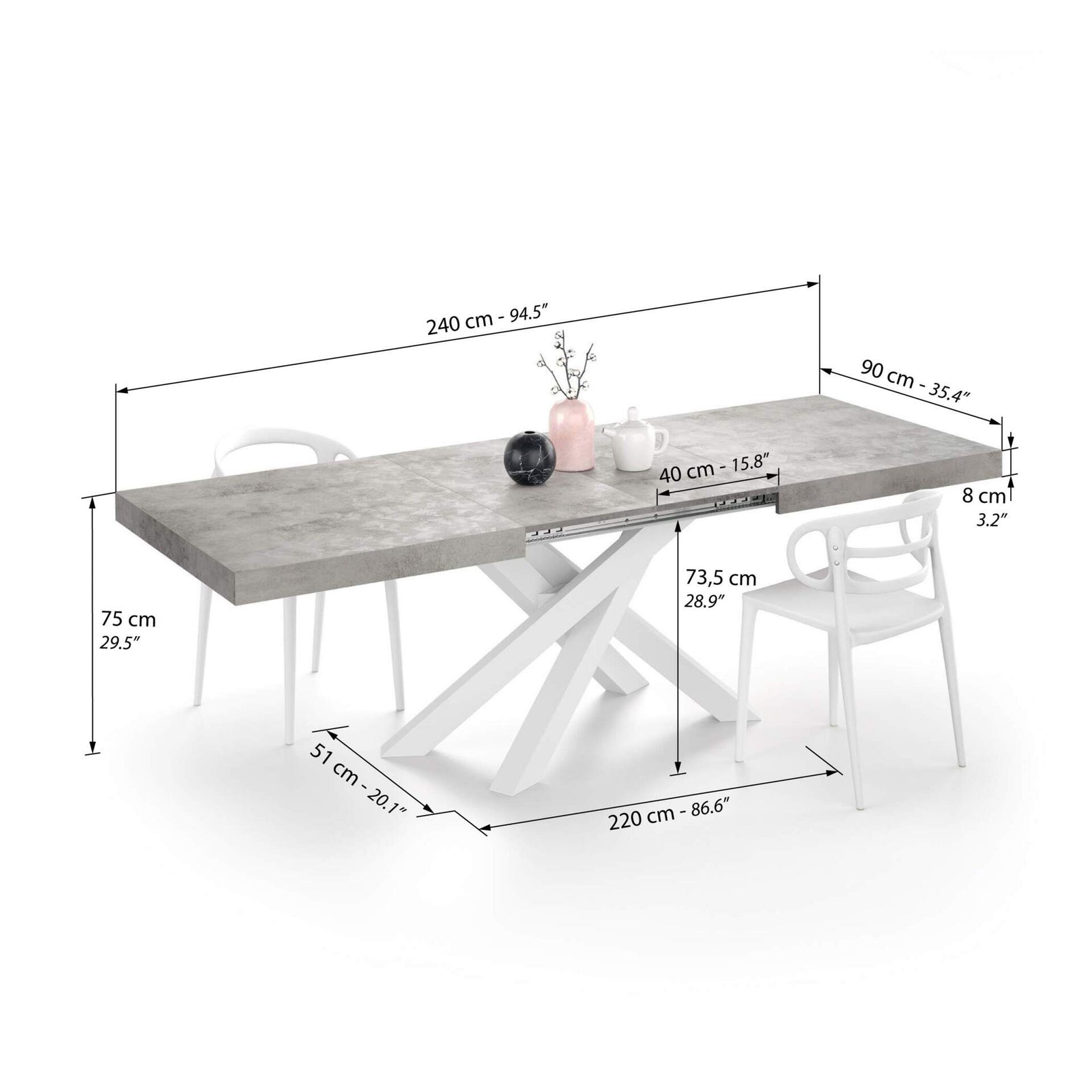 Emma 160(240)x90 cm Extendable Table, Concrete Effect, Grey with White Crossed Legs - Immagine tecnica 2