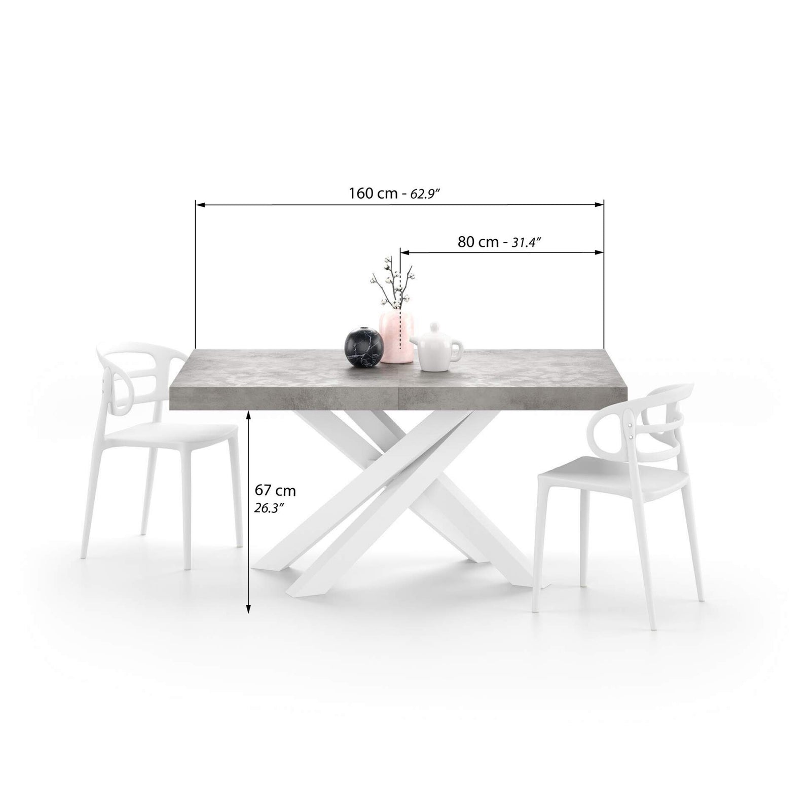 Emma 160(240)x90 cm Extendable Table, Concrete Effect, Grey with White Crossed Legs - Immagine tecnica 1