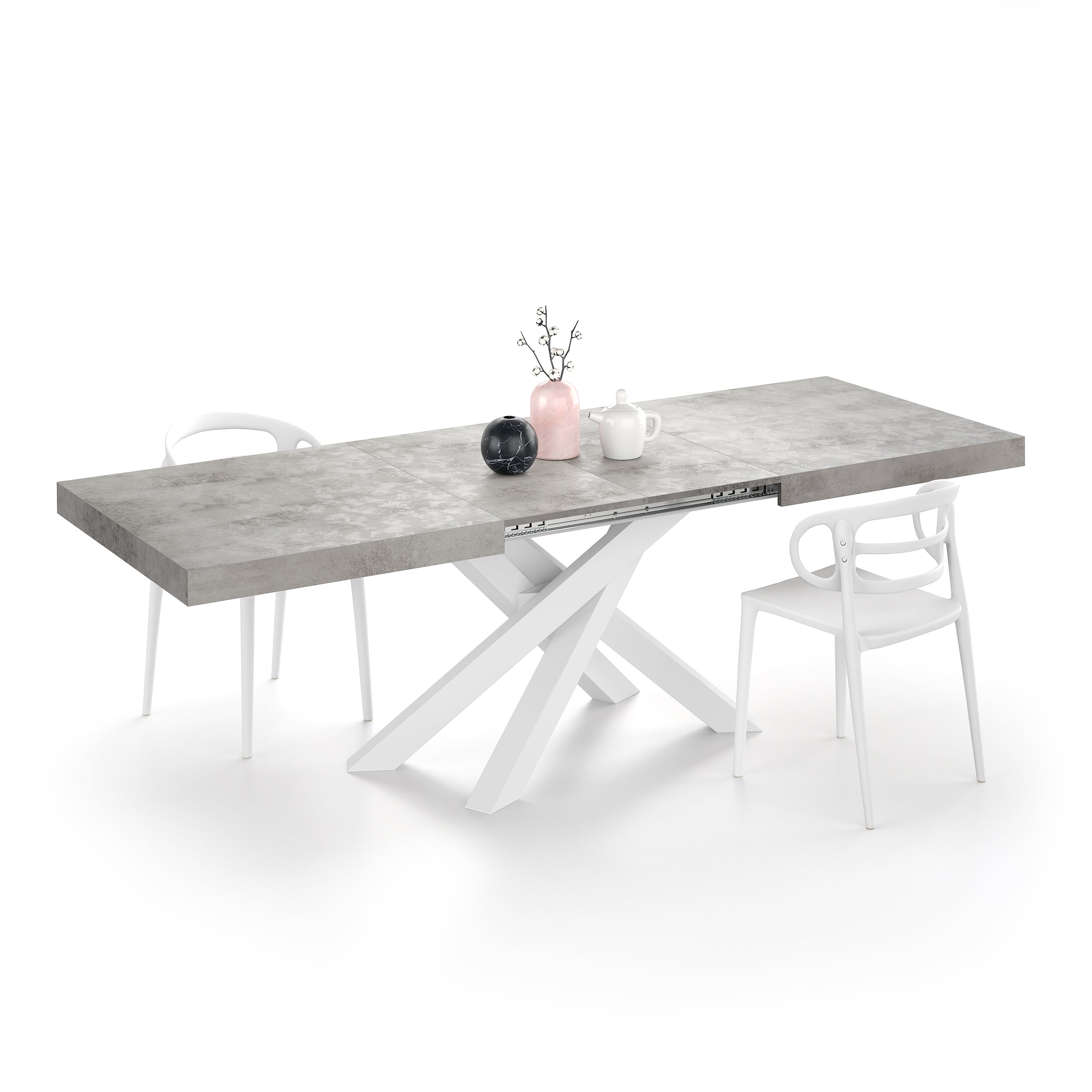 Emma 160(240)x90 cm Extendable Table, Concrete Effect, Grey with White Crossed Legs - Detail image 3