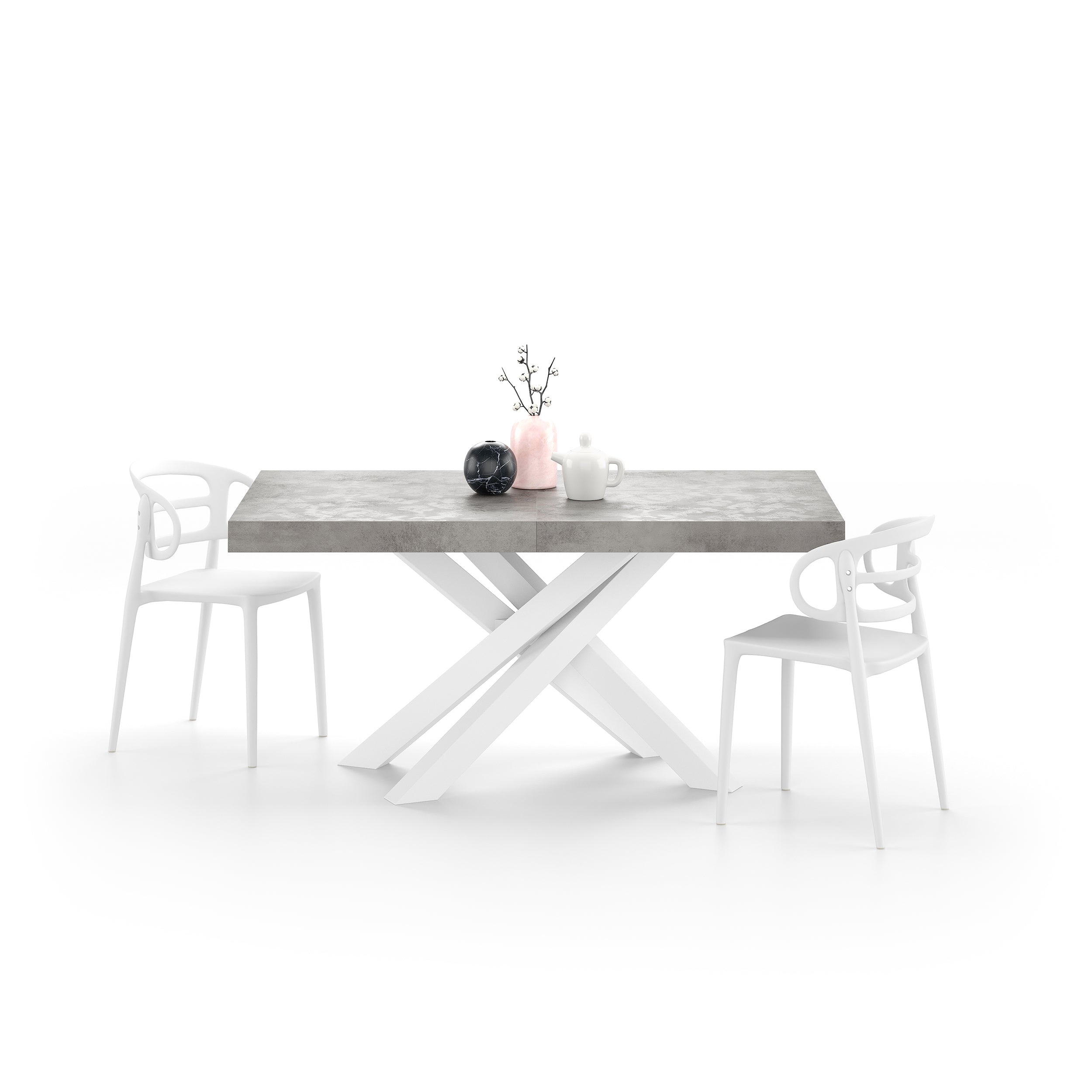 Tavolo Allungabile Emma 160(240)x90 cm, Grigio Cemento con Gambe Incrociate Bianche - Immagine dettaglio 2