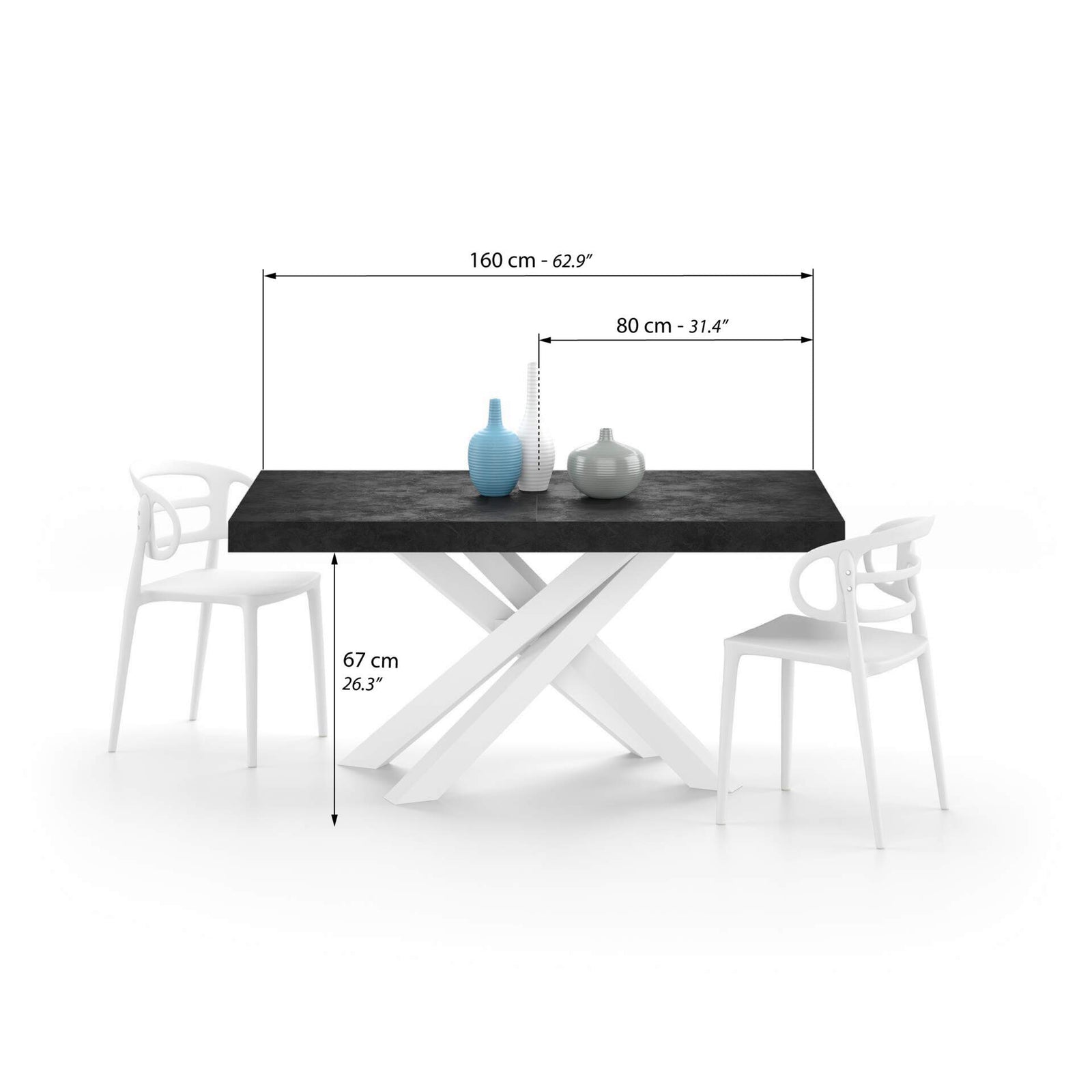 Table Extensible Emma 160(240)x90 cm, Noir Béton avec Pieds Croisés Blancs - Immagine tecnica 1