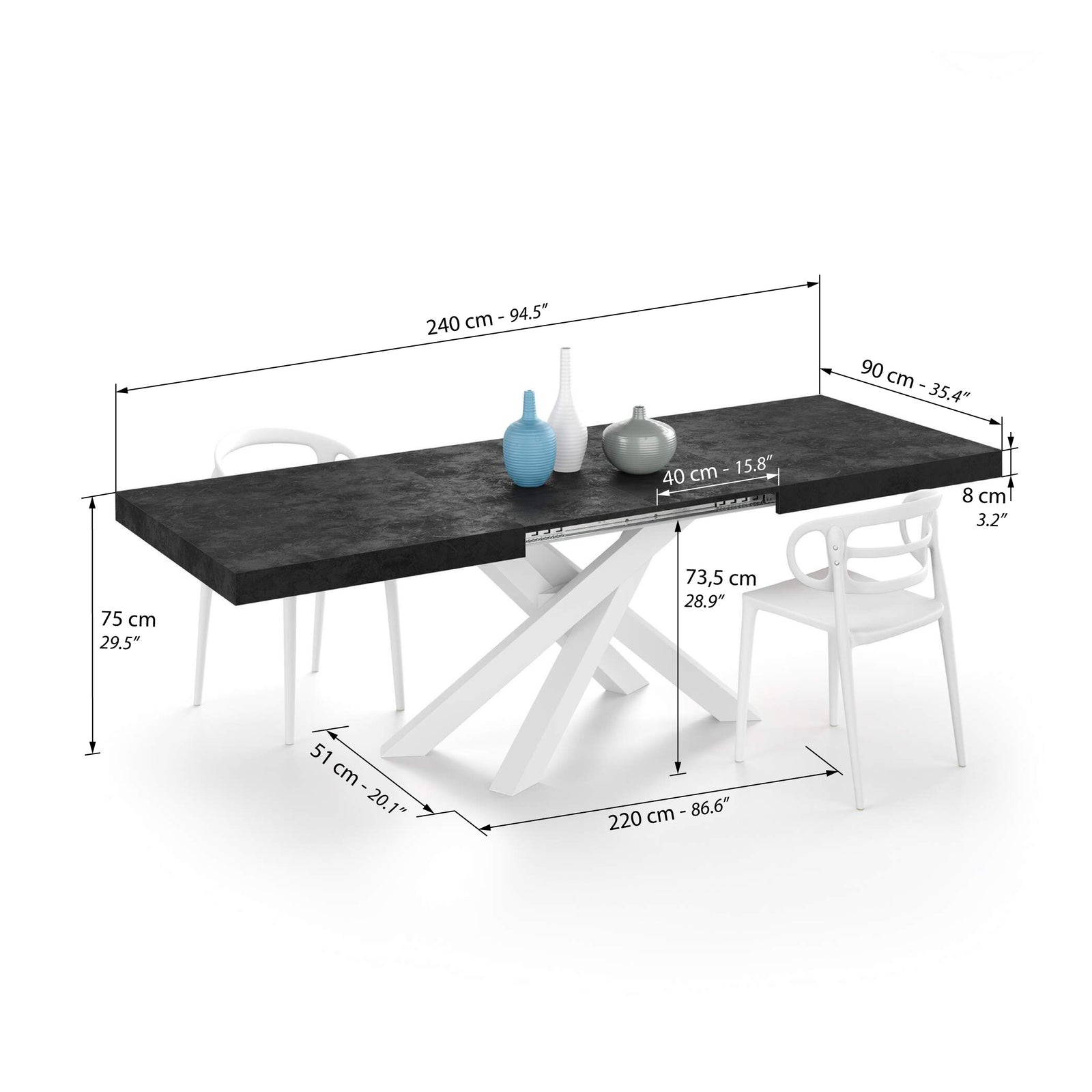 Emma 160(240)x90 cm Extendable Dining Table, Concrete Effect, Black with White Crossed Legs - Immagine tecnica 2