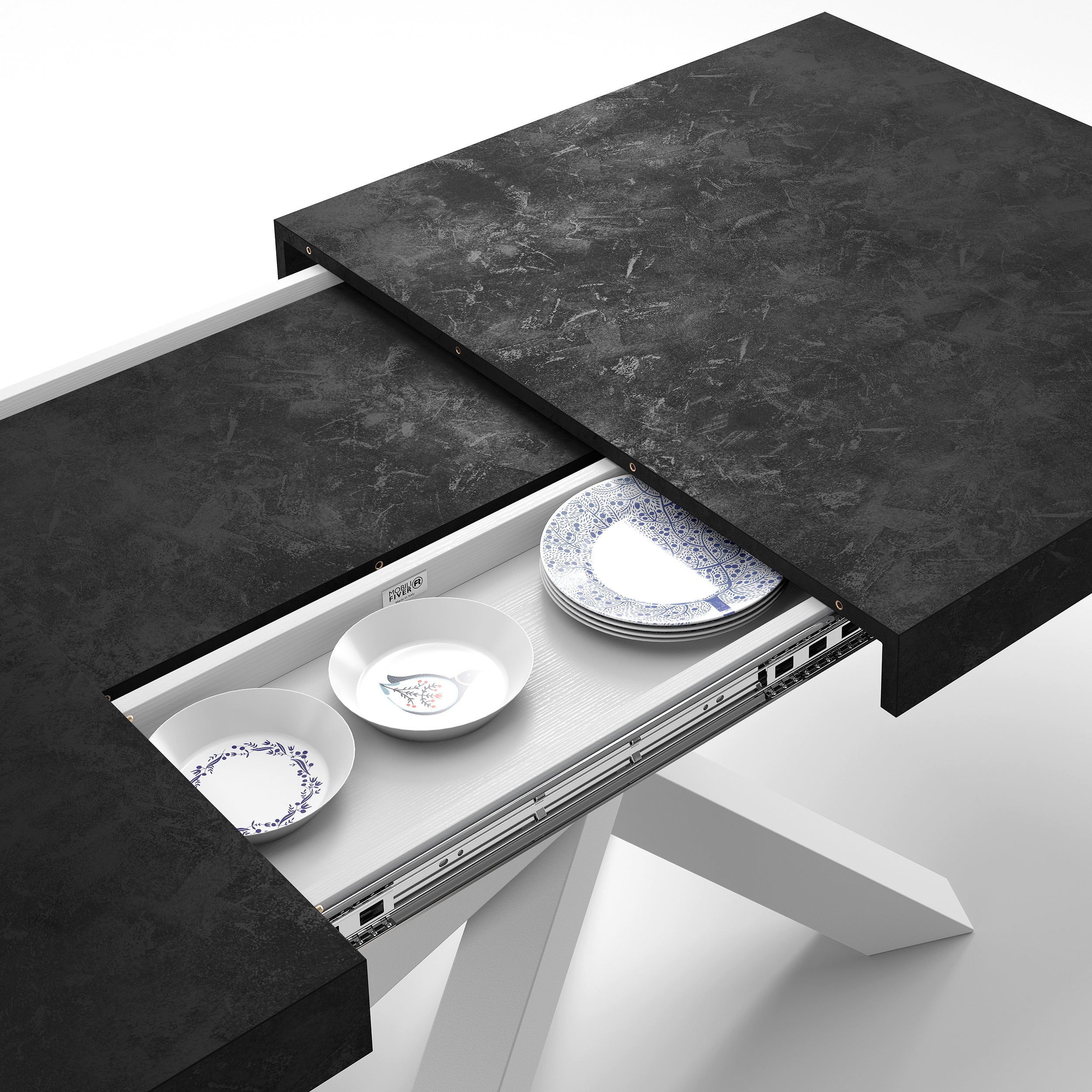 Tavolo Allungabile Emma 140(220)x90 cm, Nero Cemento con Gambe Incrociate Bianche - Immagine dettaglio 2