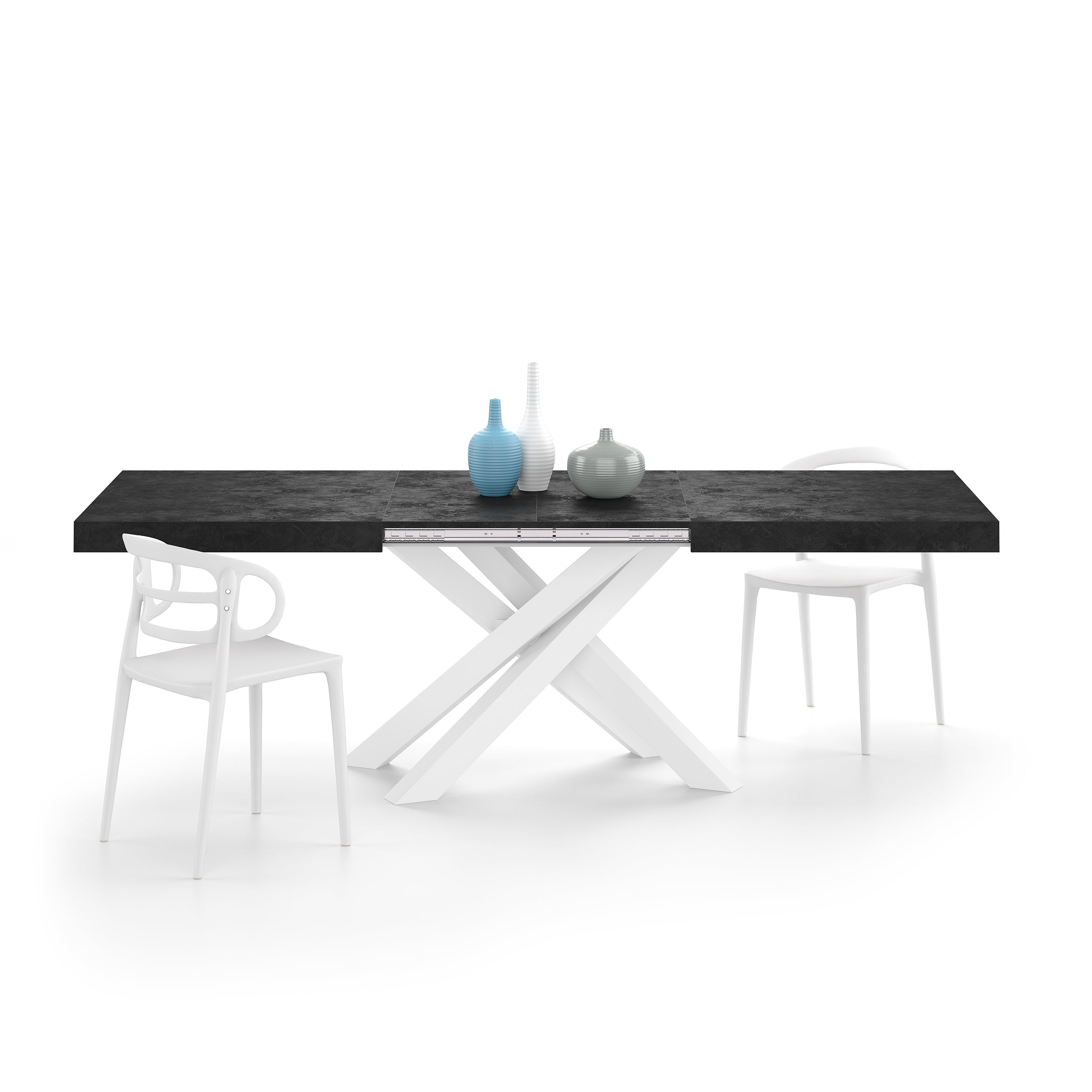 Tavolo Allungabile Emma 160(240)x90 cm, Cemento Nero con Gambe Incrociate Bianche