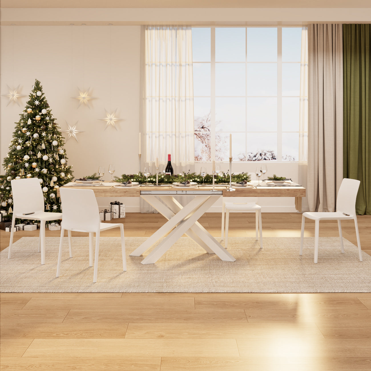 Table Extensible Emma 140(220)x90 cm, Chêne naturel avec Pieds Croisés Blancs - Set image 6