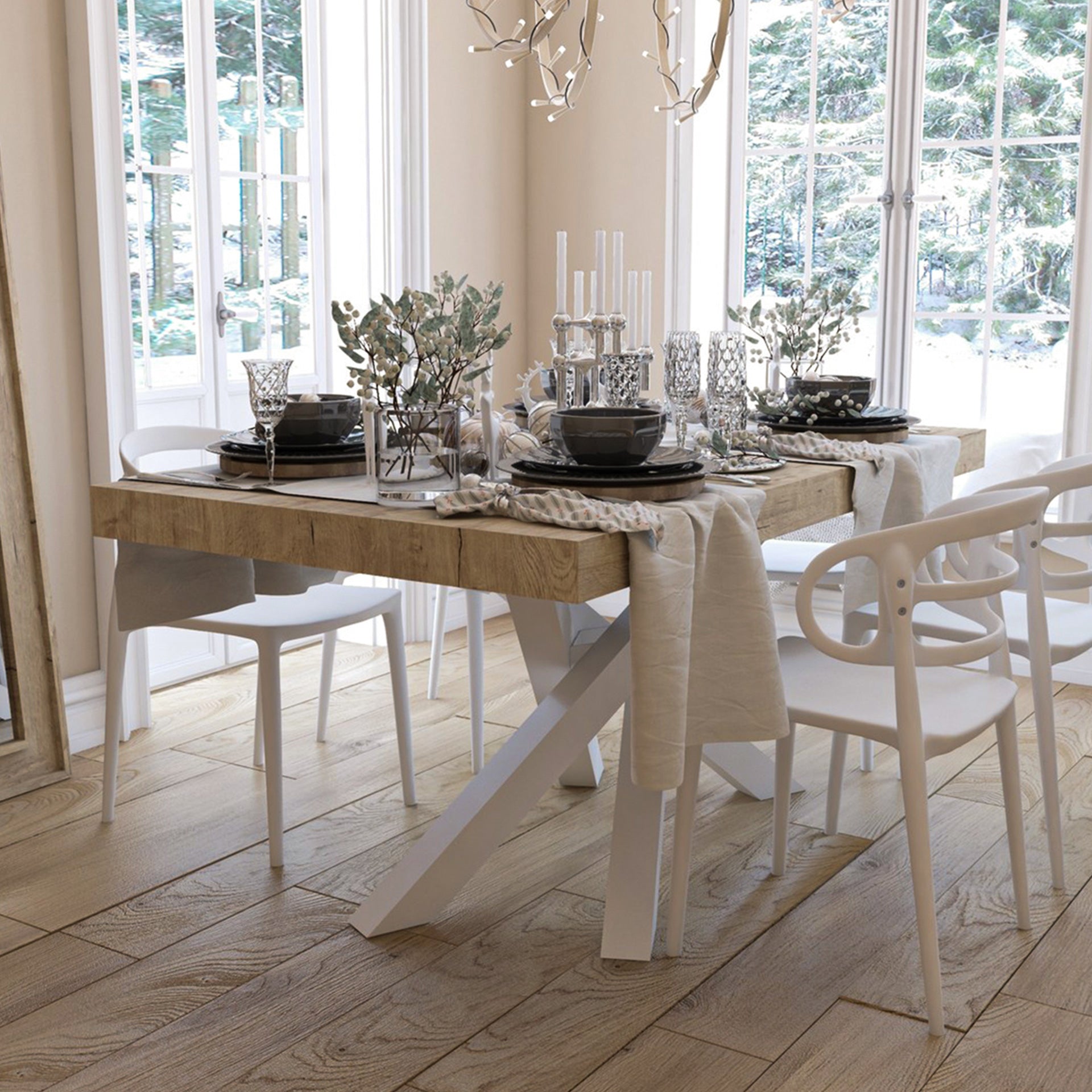 Table Extensible Emma 140(220)x90 cm, Chêne naturel avec Pieds Croisés Blancs - Set image 5