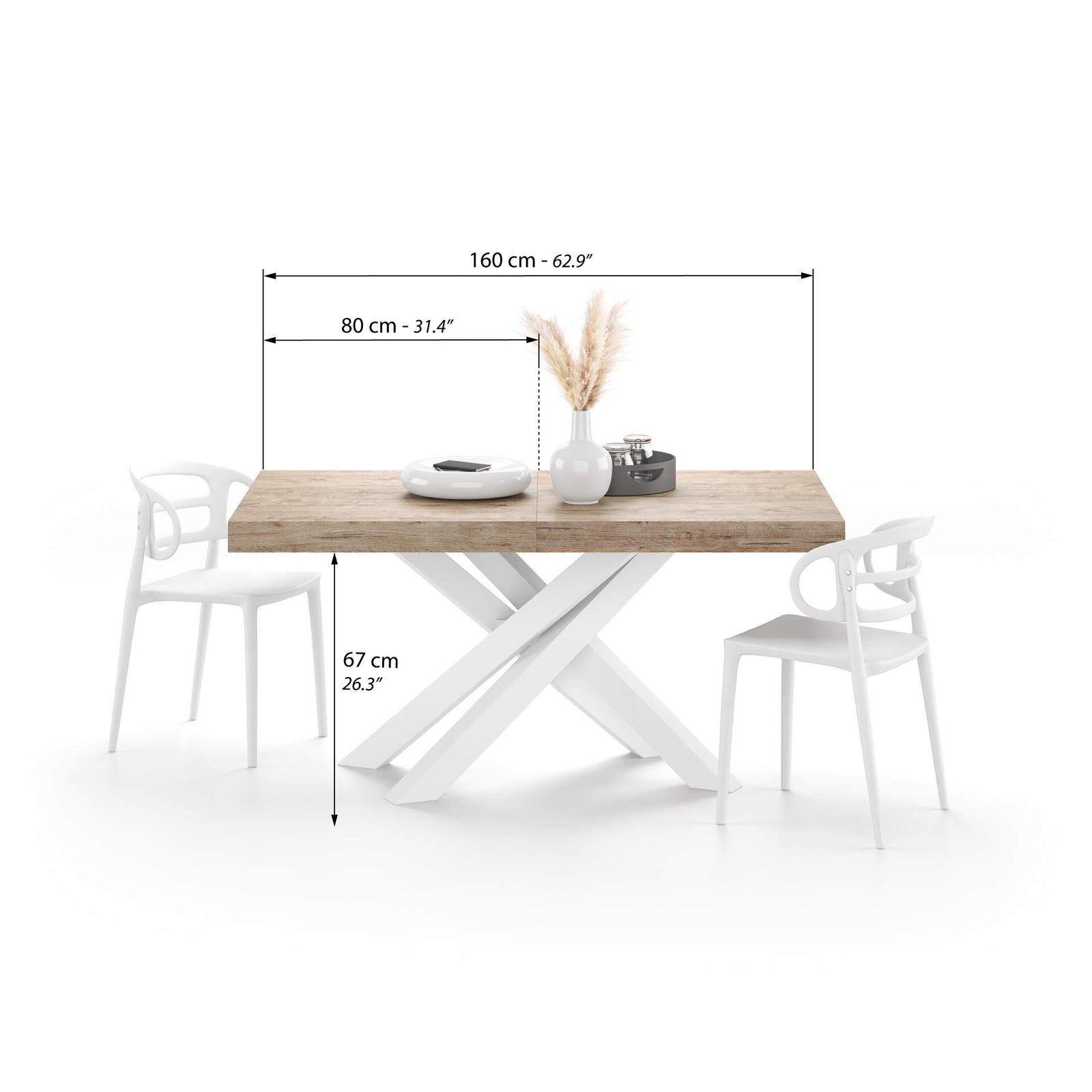 Table Extensible Emma 160(240)x90 cm, Chêne naturel avec Pieds Croisés Blancs - Immagine tecnica 1