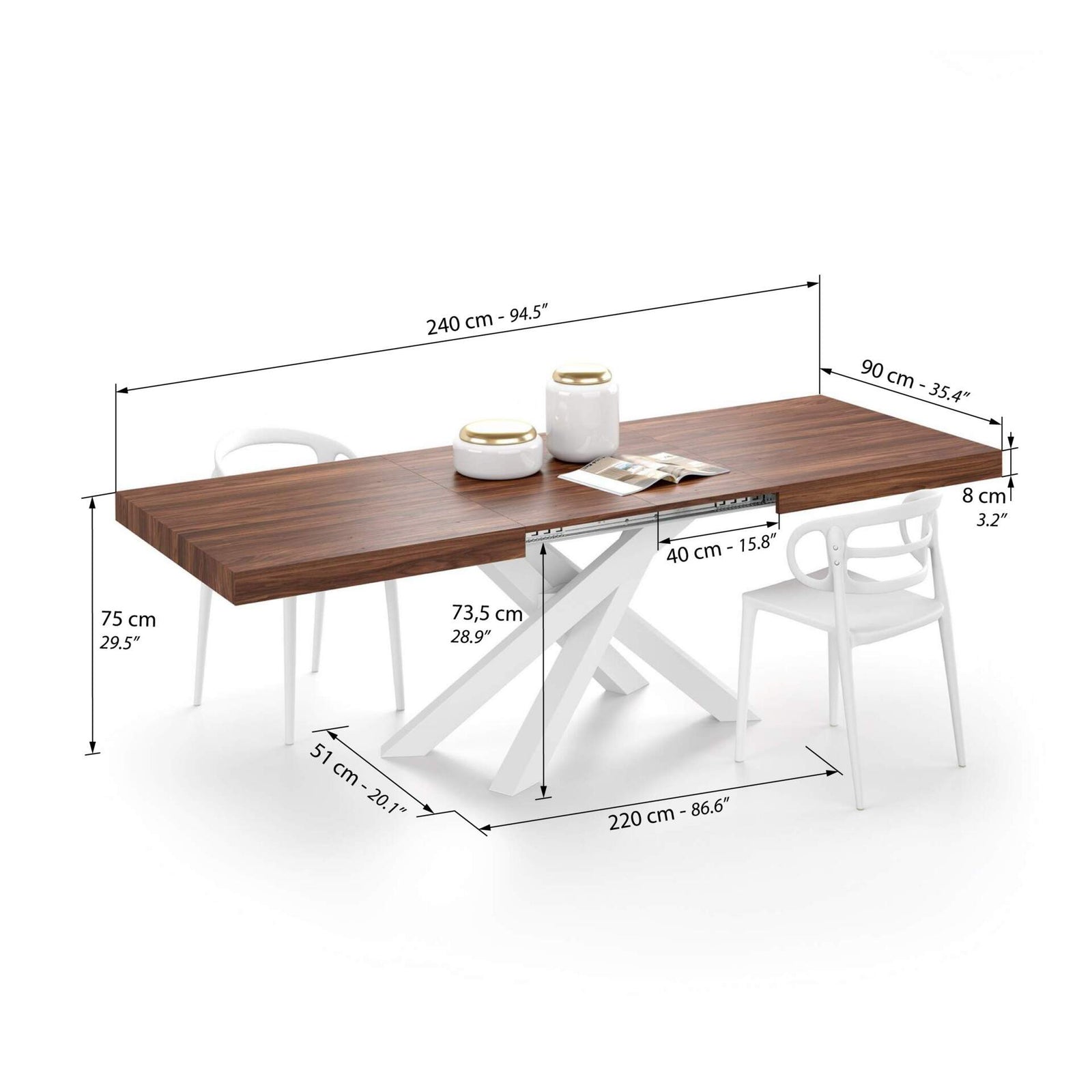 Emma 160(240)x90 cm Extendable Table, Canaletto Walnut with White Crossed Legs - Immagine tecnica 2