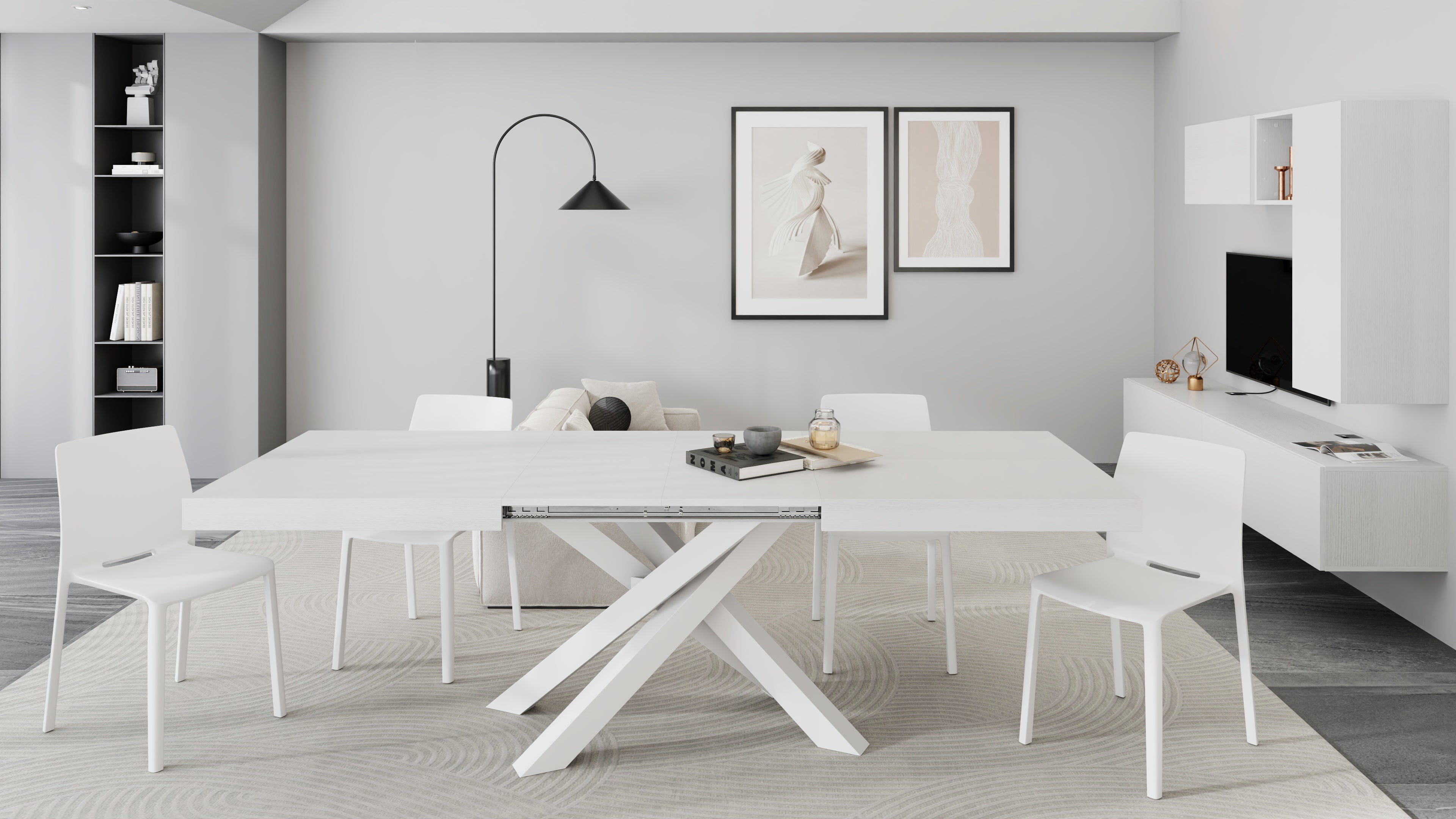 Table Extensible Emma 160(240)x90 cm, Frêne Blanc avec Pieds Croisés Blancs - Set image 1