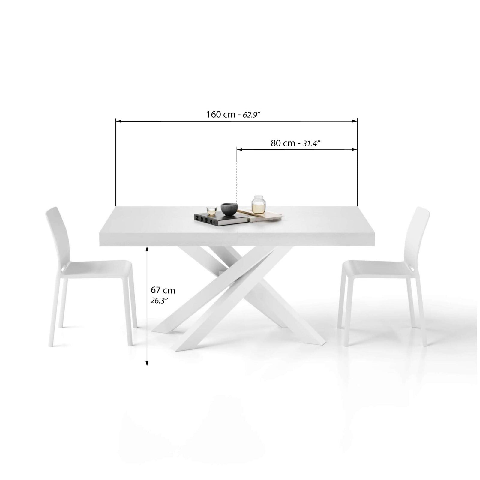 Table Extensible Emma 160(240)x90 cm, Frêne Blanc avec Pieds Croisés Blancs - Immagine tecnica 1
