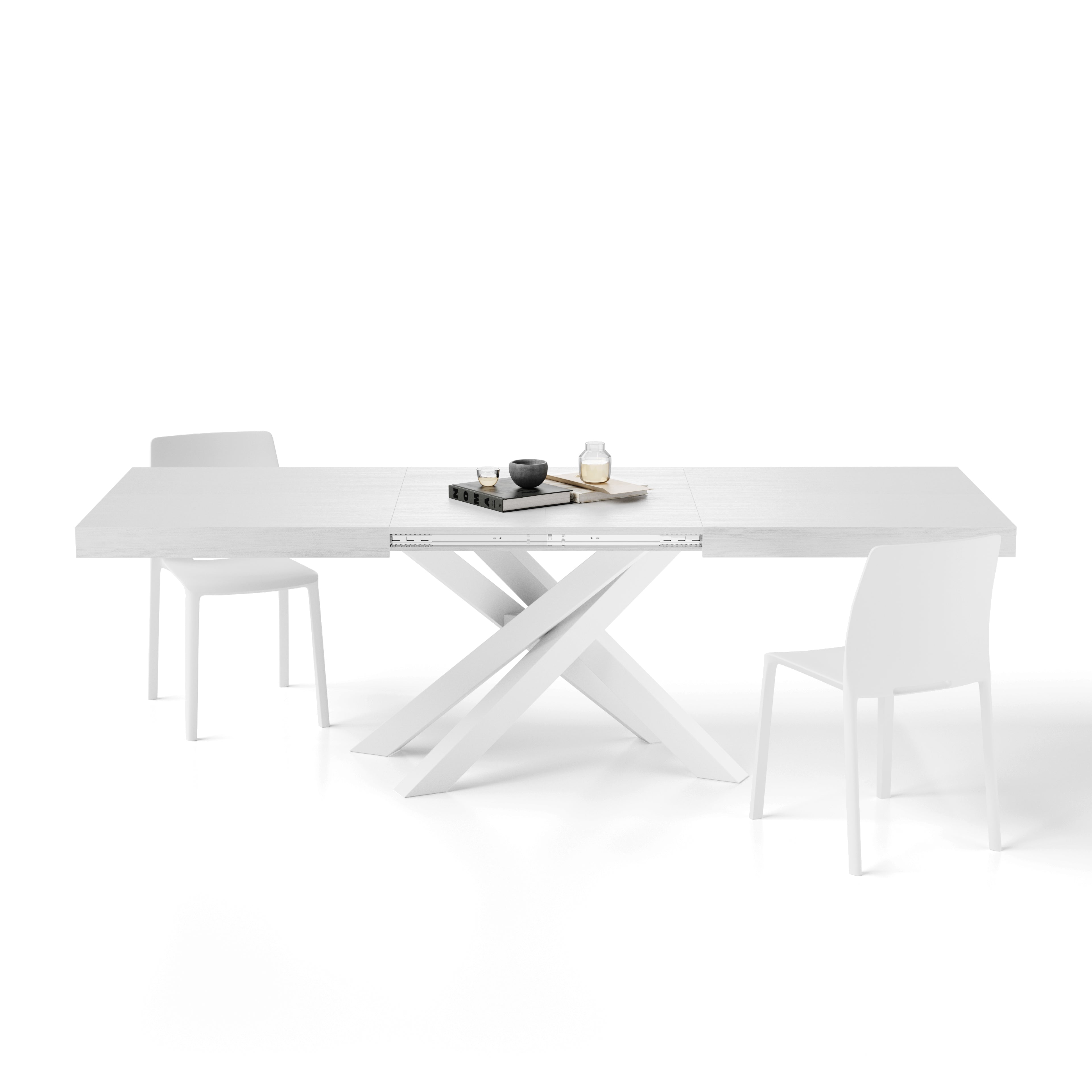 Tavolo Allungabile Emma 160(240)x90 cm, Bianco Frassino con Gambe Incrociate Bianche