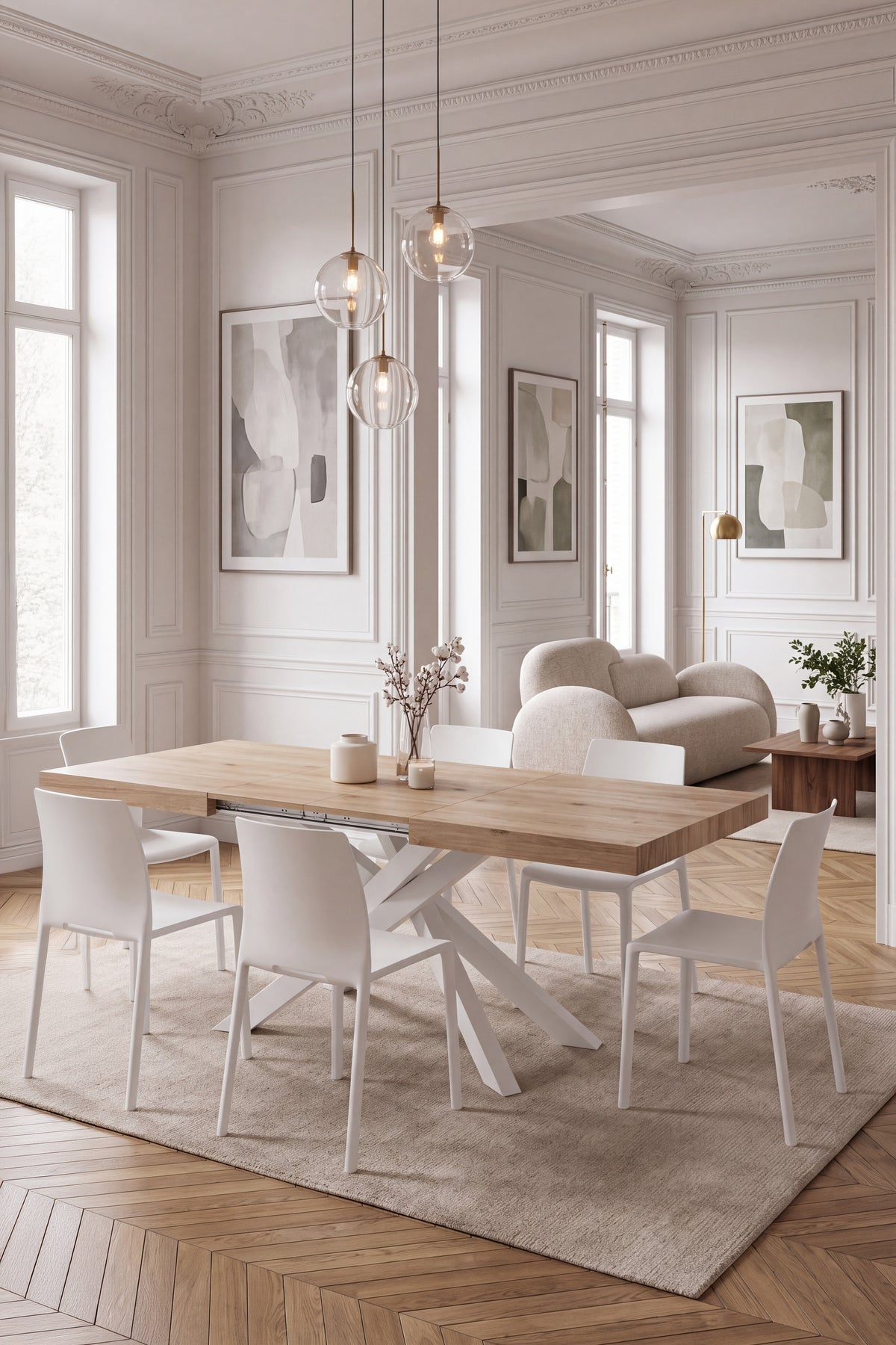 Emma 160(240)x90 cm Extendable Table, Light Oak with White Crossed Legs - Set image 2