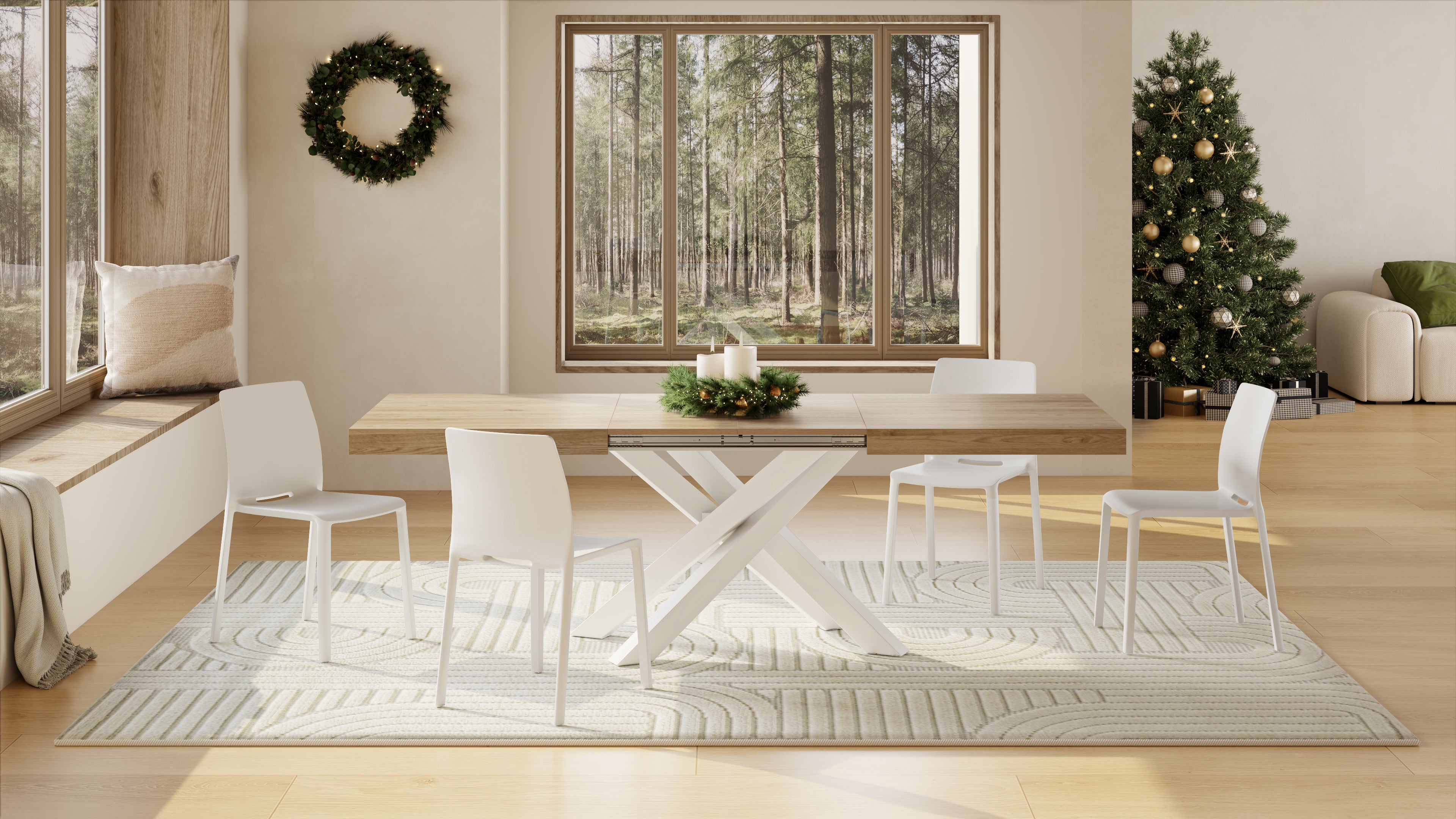 Emma 140(220)x90 cm Extendable Table, Light Oak with White Crossed Legs - Set image 2