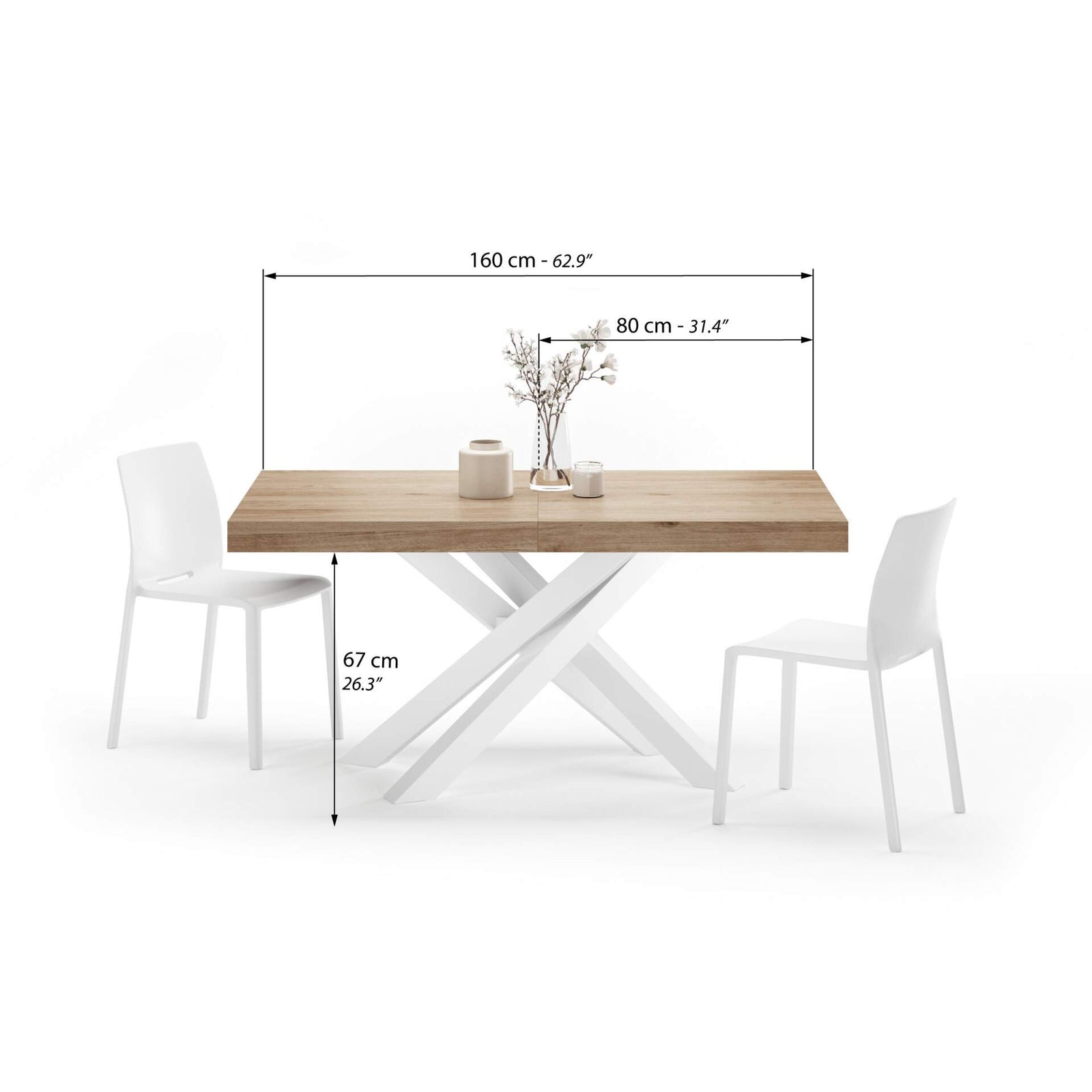 Emma 160(240)x90 cm Extendable Table, Light Oak with White Crossed Legs - Immagine tecnica 1