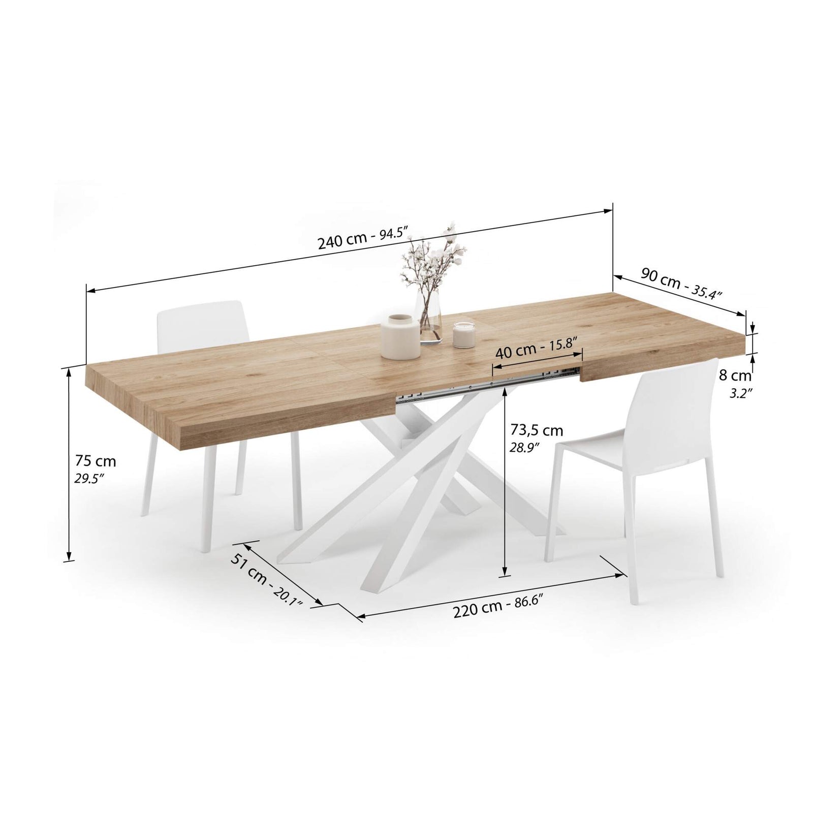 Emma 160(240)x90 cm Extendable Table, Light Oak with White Crossed Legs - Immagine tecnica 2