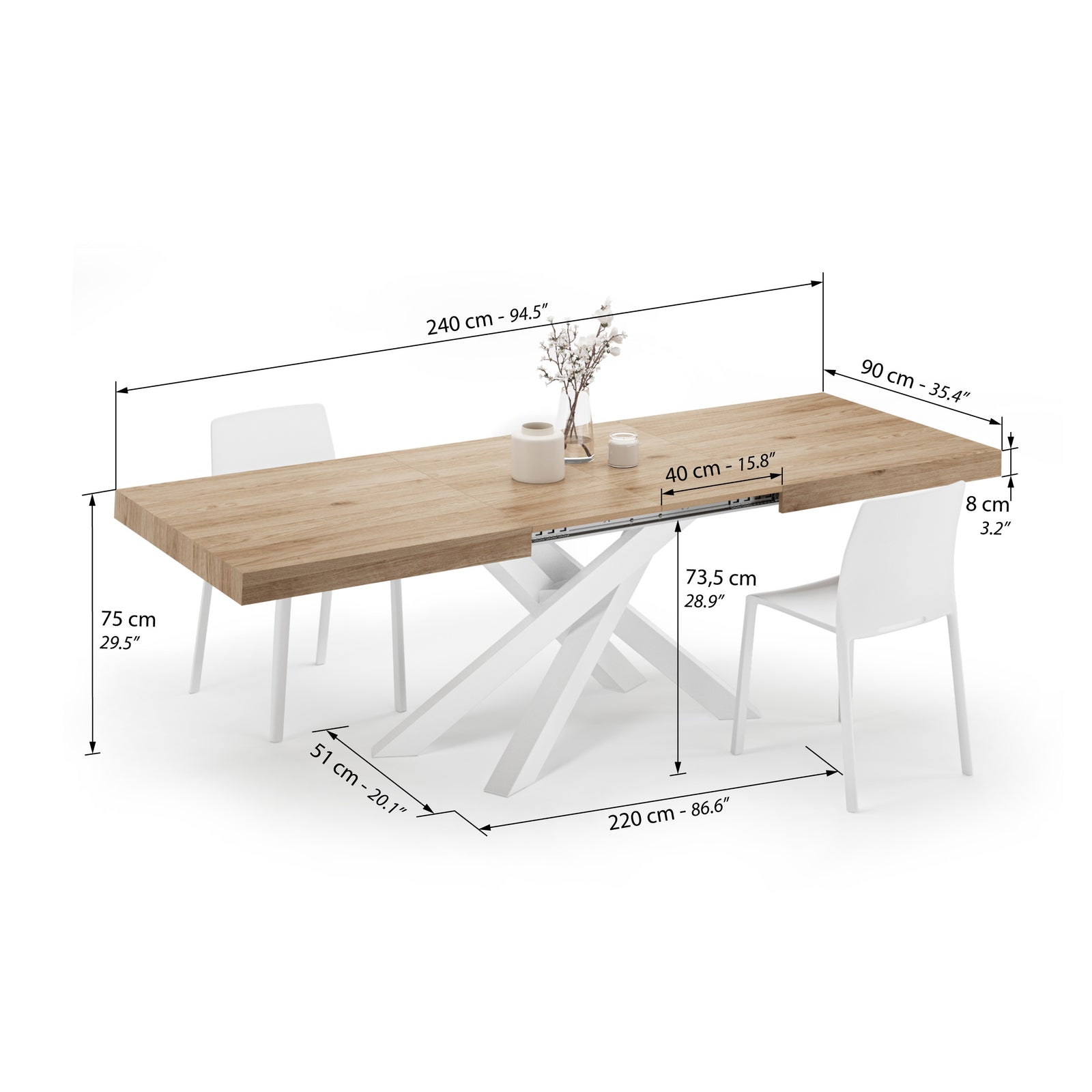 Emma 160(240)x90 cm Extendable Table, Light Oak with White Crossed Legs - Immagine tecnica 2