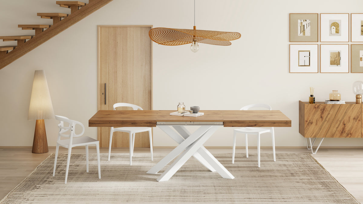 Mesa extensible Emma 63(94,5)x35,4 in, color madera rústica con patas cruzadas blancas - Imagen del conjunto 6