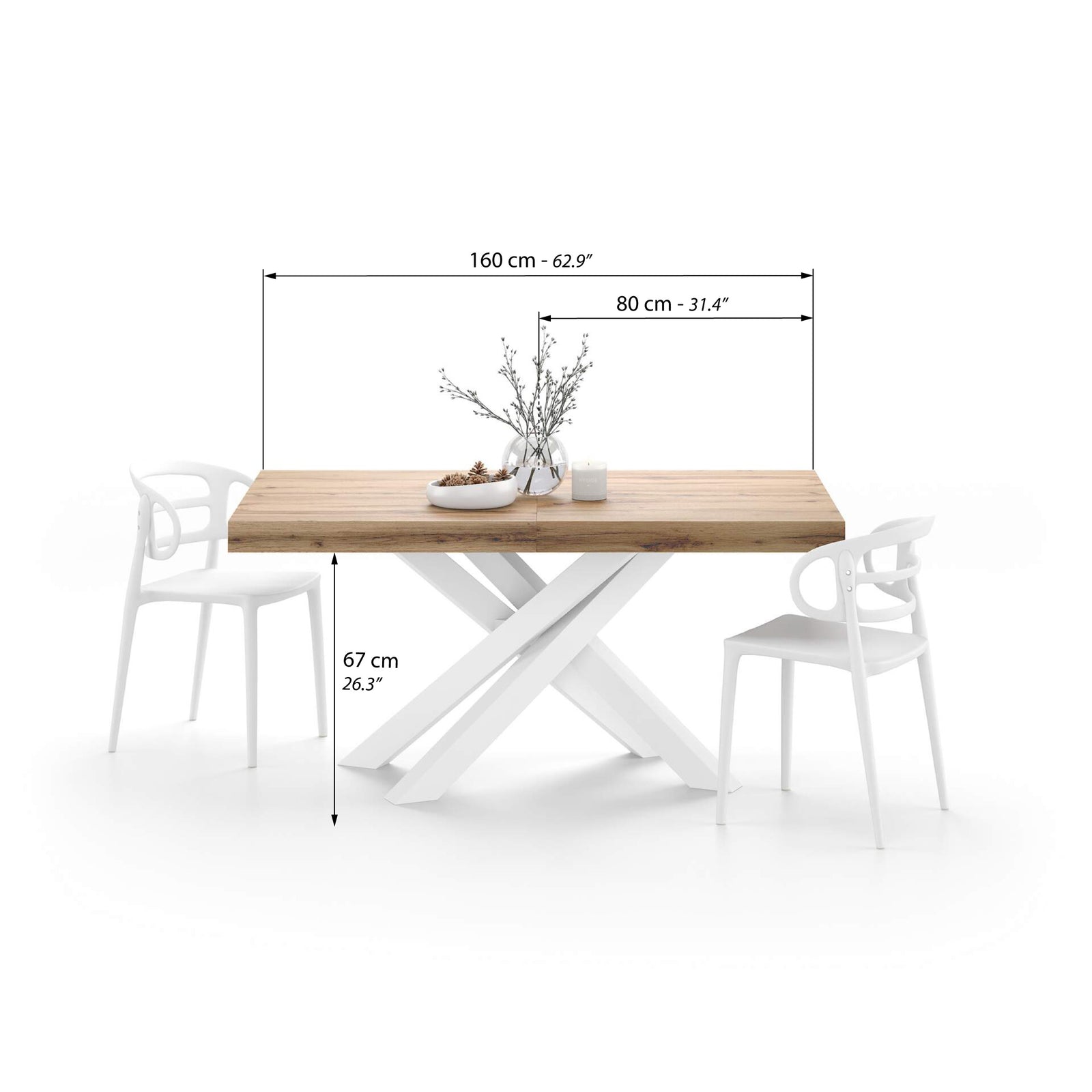 Emma 160(240)x90 cm Extendable Table, Rustic Oak with White Crossed Legs - Immagine tecnica 1