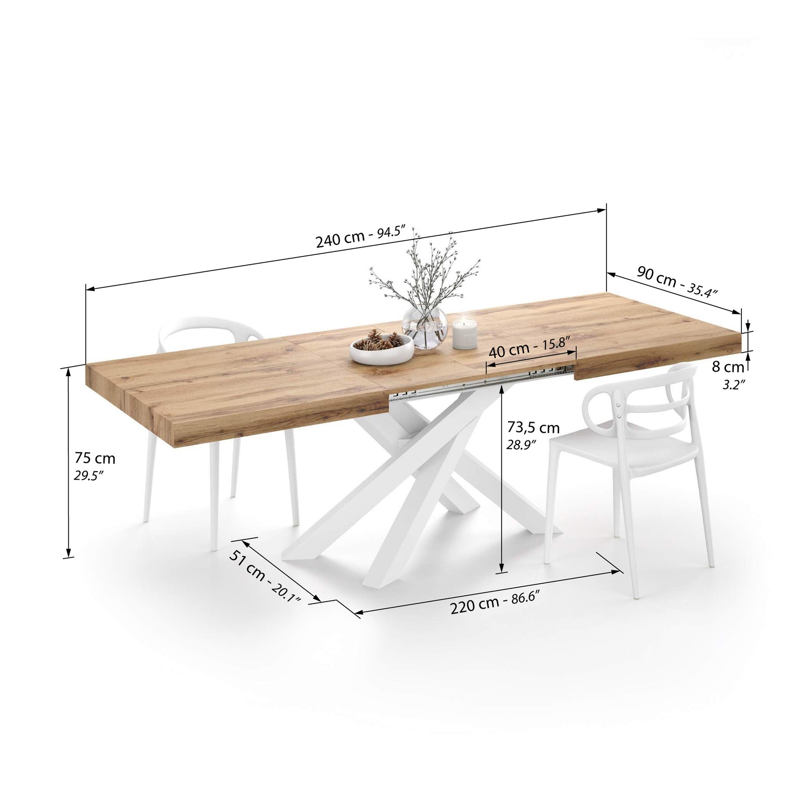 Emma 160(240)x90 cm Extendable Table, Rustic Oak with White Crossed Legs - Immagine tecnica 2