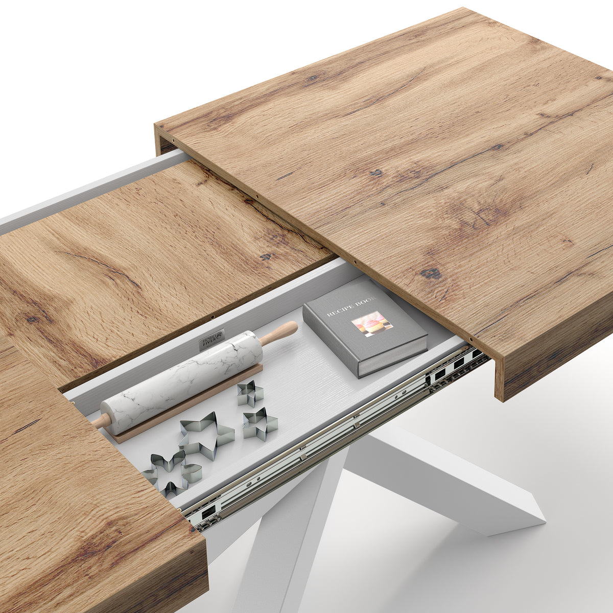 Emma 160(240)x90 cm Extendable Table, Rustic Oak with White Crossed Legs