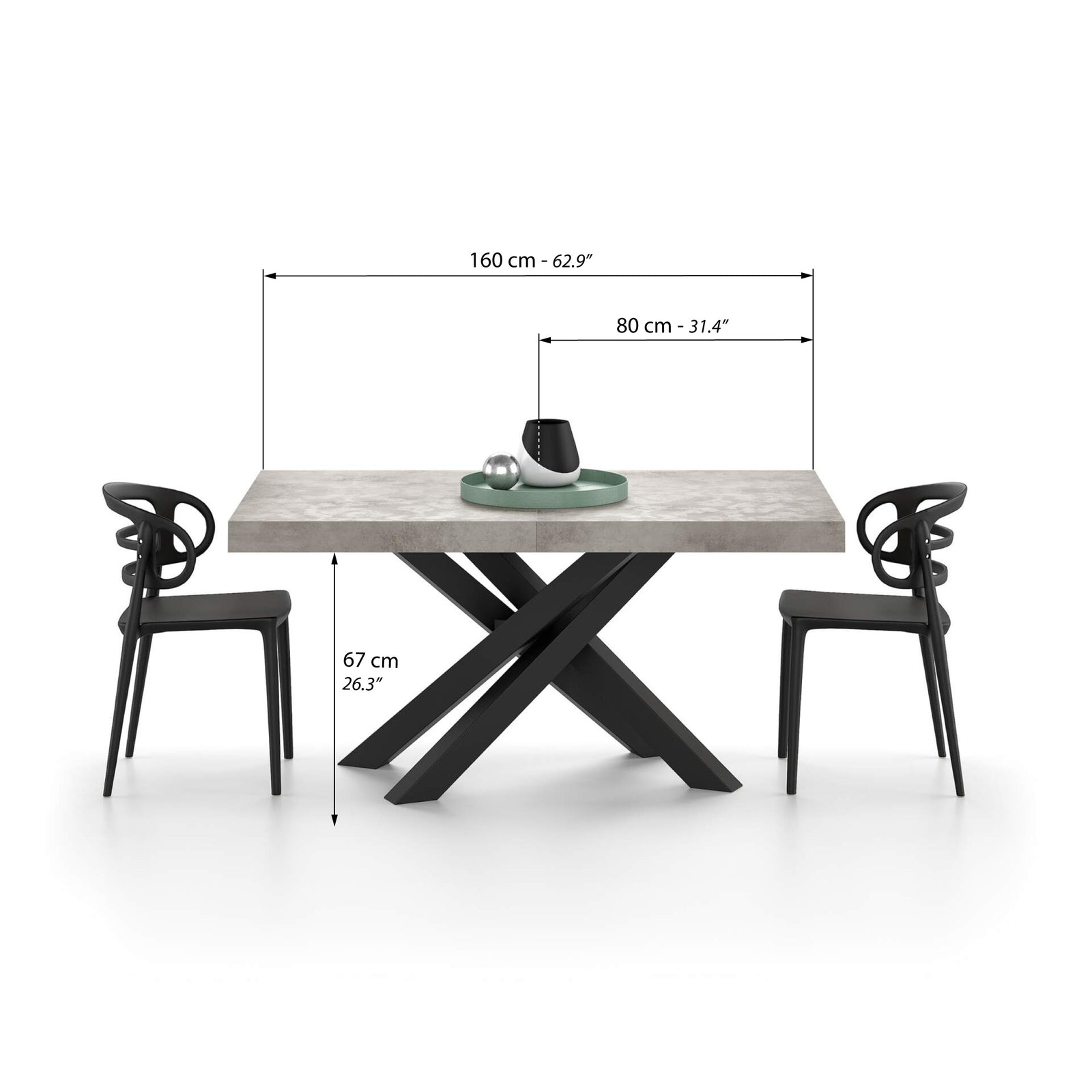 Emma 160(240)x90 cm Extendable Table, Concrete Effect, Grey with Black Crossed Legs - Immagine tecnica 1