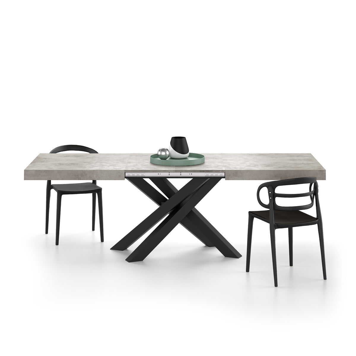 Tavolo Allungabile Emma 160(240)x90 cm, Grigio Cemento con Gambe Incrociate Nere