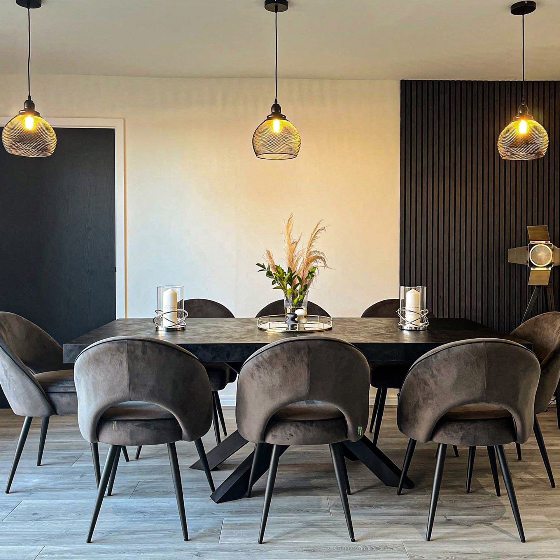 Emma 160(240)x90 cm Extendable Dining Table, Concrete Effect, Black with Black Crossed Legs - Set image 1