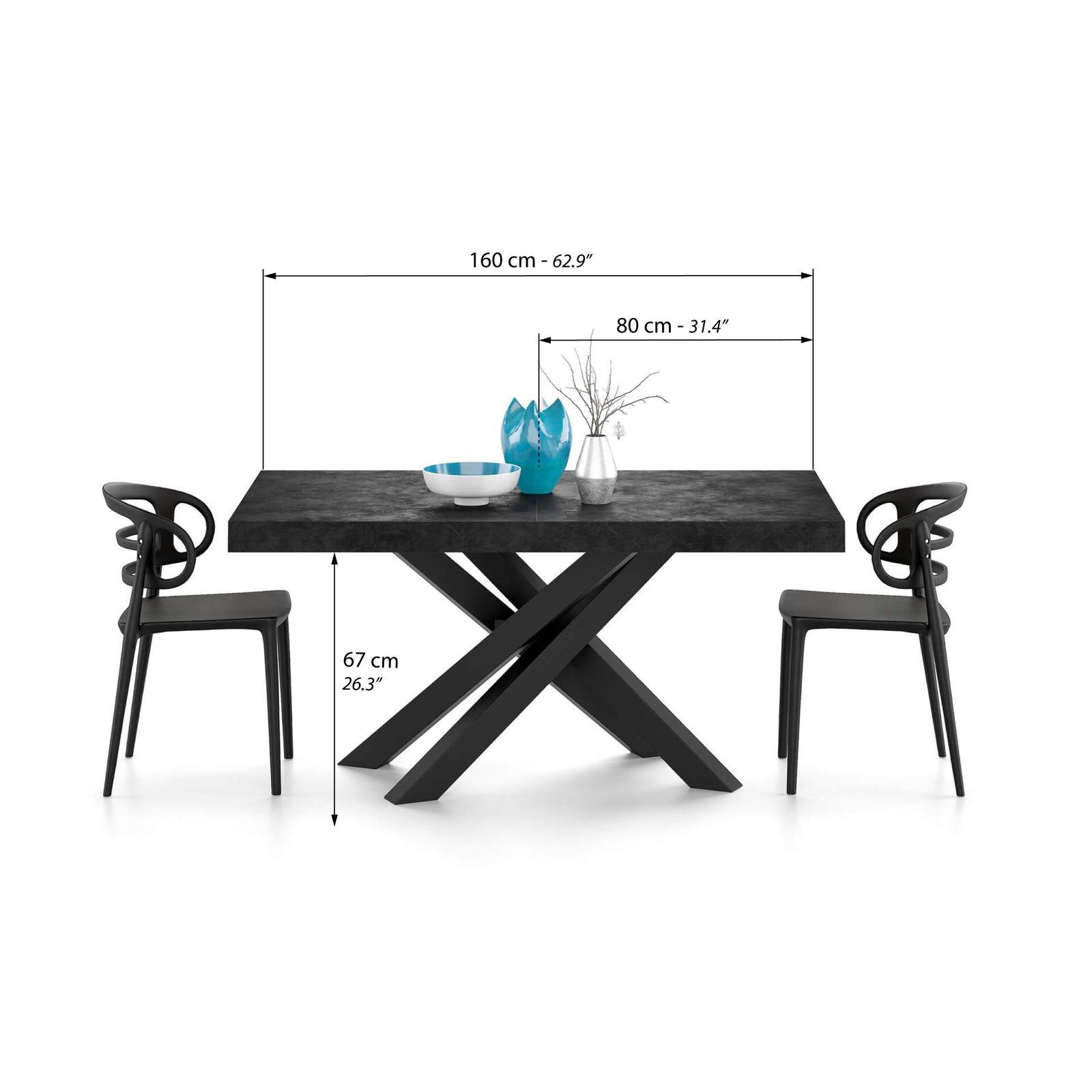 Mesa Extensível Emma 160(240)x90 cm, Cimento Preto com Pernas Cruzadas Pretas - Immagine tecnica 1