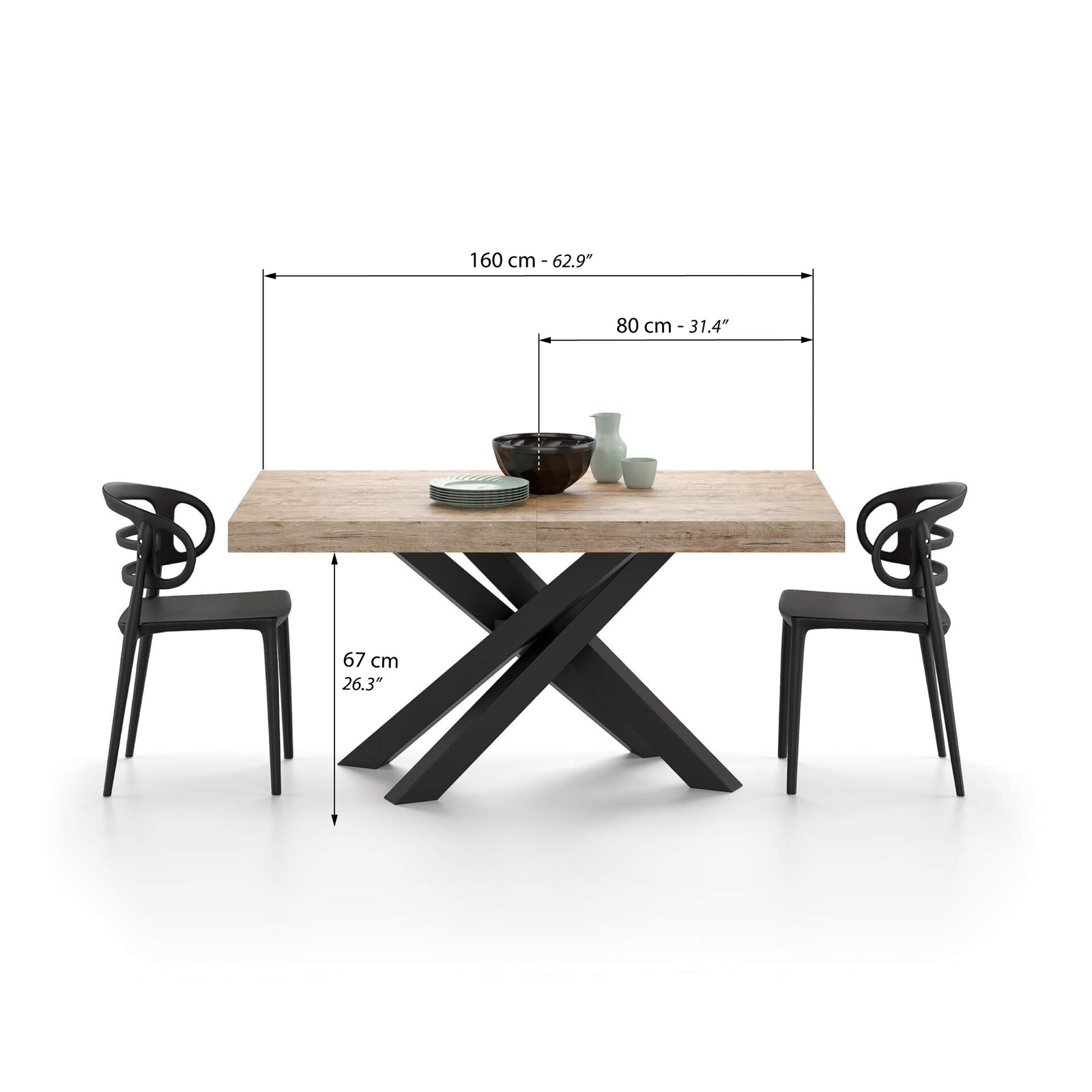 Mesa Extensível Emma 160(240)x90 cm, Carvalho com Pernas Cruzadas Pretas - Immagine tecnica 1
