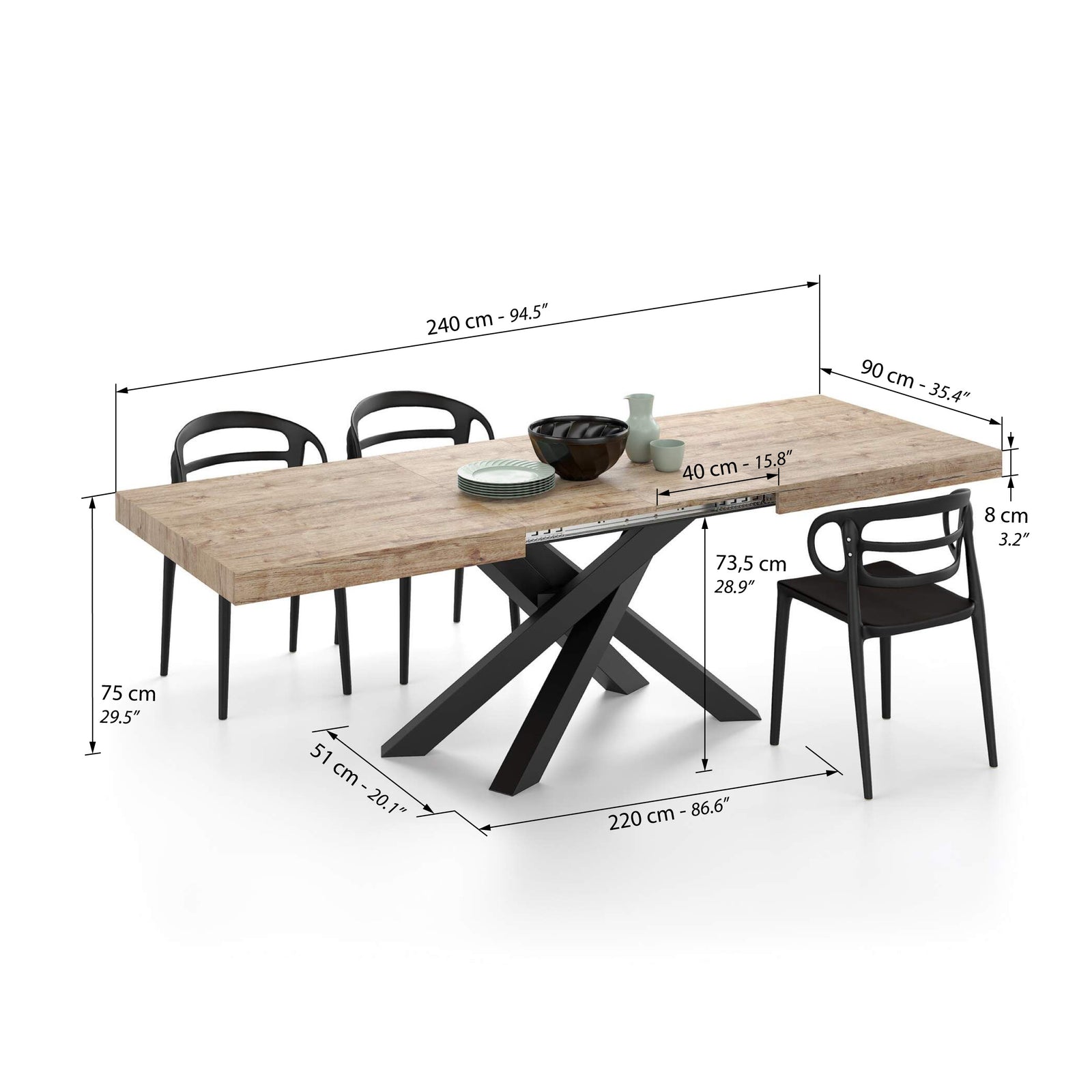 Mesa Extensível Emma 160(240)x90 cm, Carvalho com Pernas Cruzadas Pretas - Immagine tecnica 2