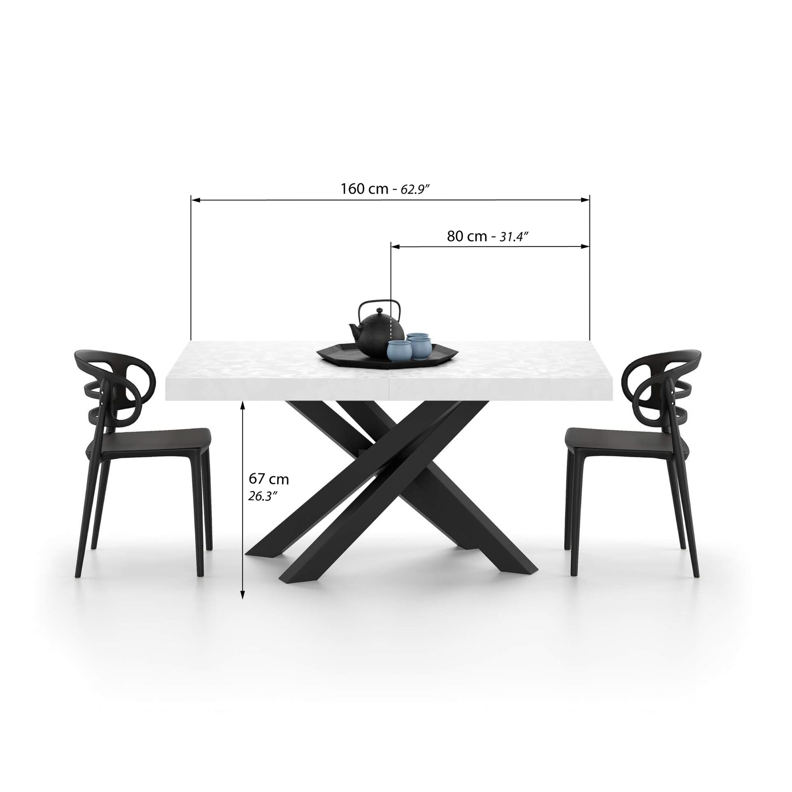 Emma 160(240)x90 cm Extendable Table, Concrete Effect, White with Black Crossed Legs - Immagine tecnica 1