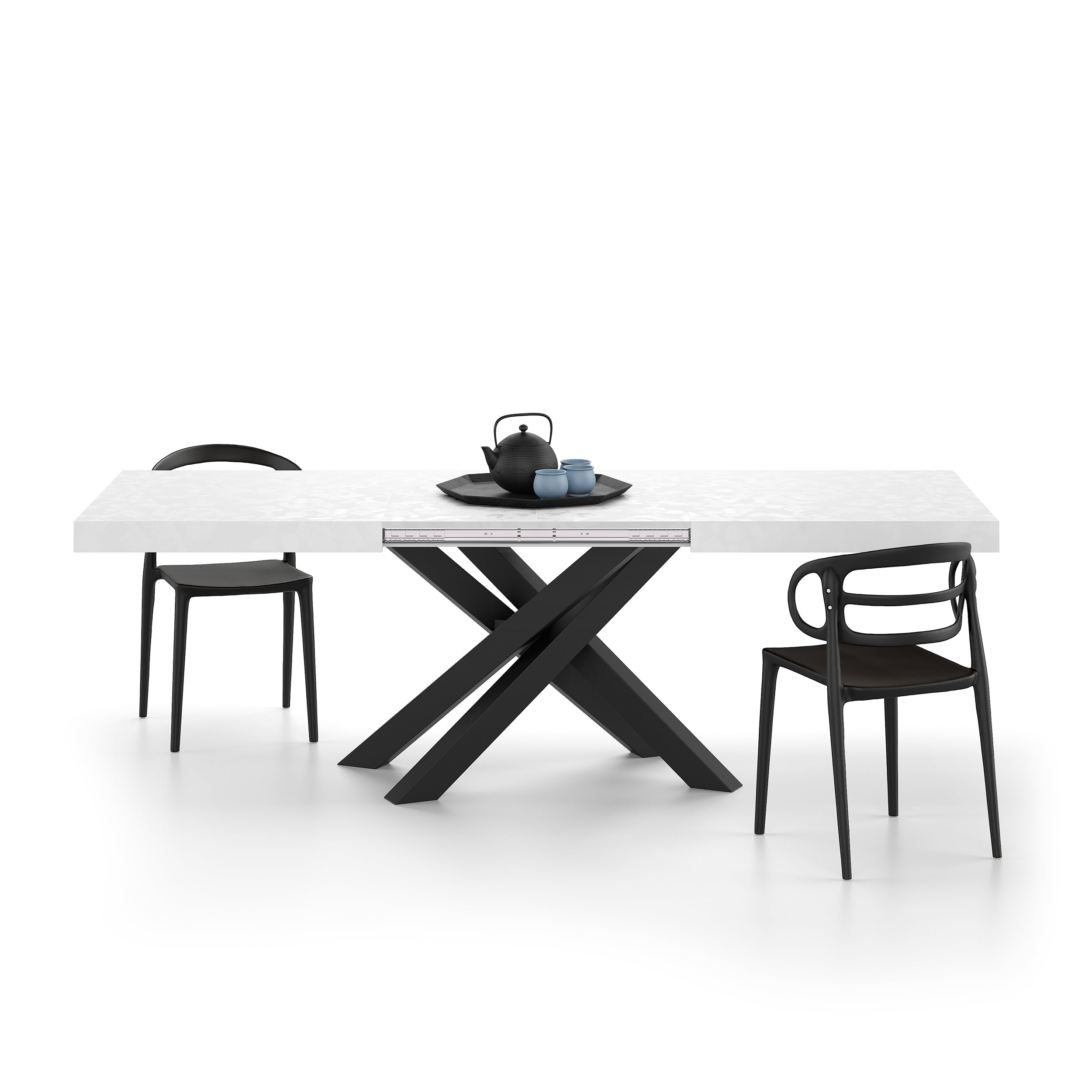 Emma 160(240)x90 cm Extendable Table, Concrete Effect, White with Black Crossed Legs