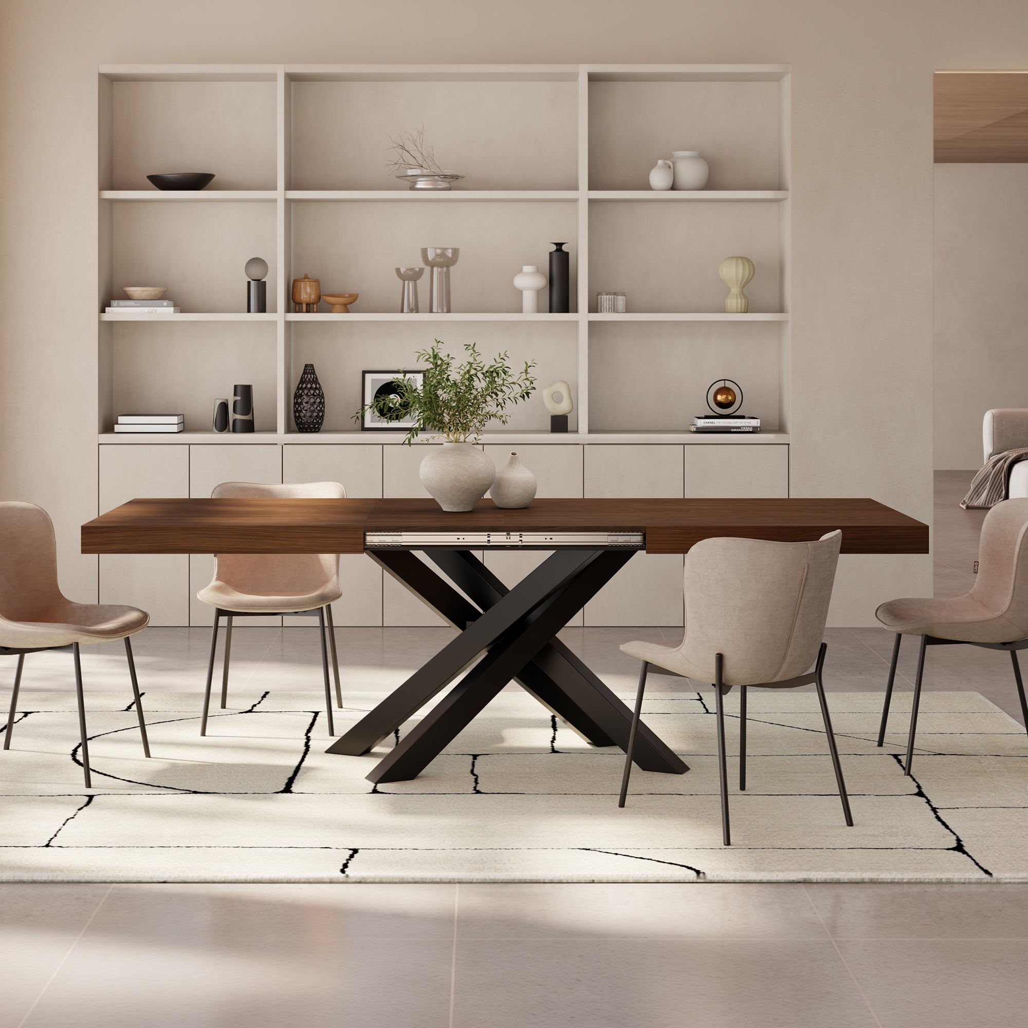 Tavolo Allungabile Emma 160(240)x90 cm, Noce Canaletto con Gambe Incrociate Nere - Immagine ambientata 1