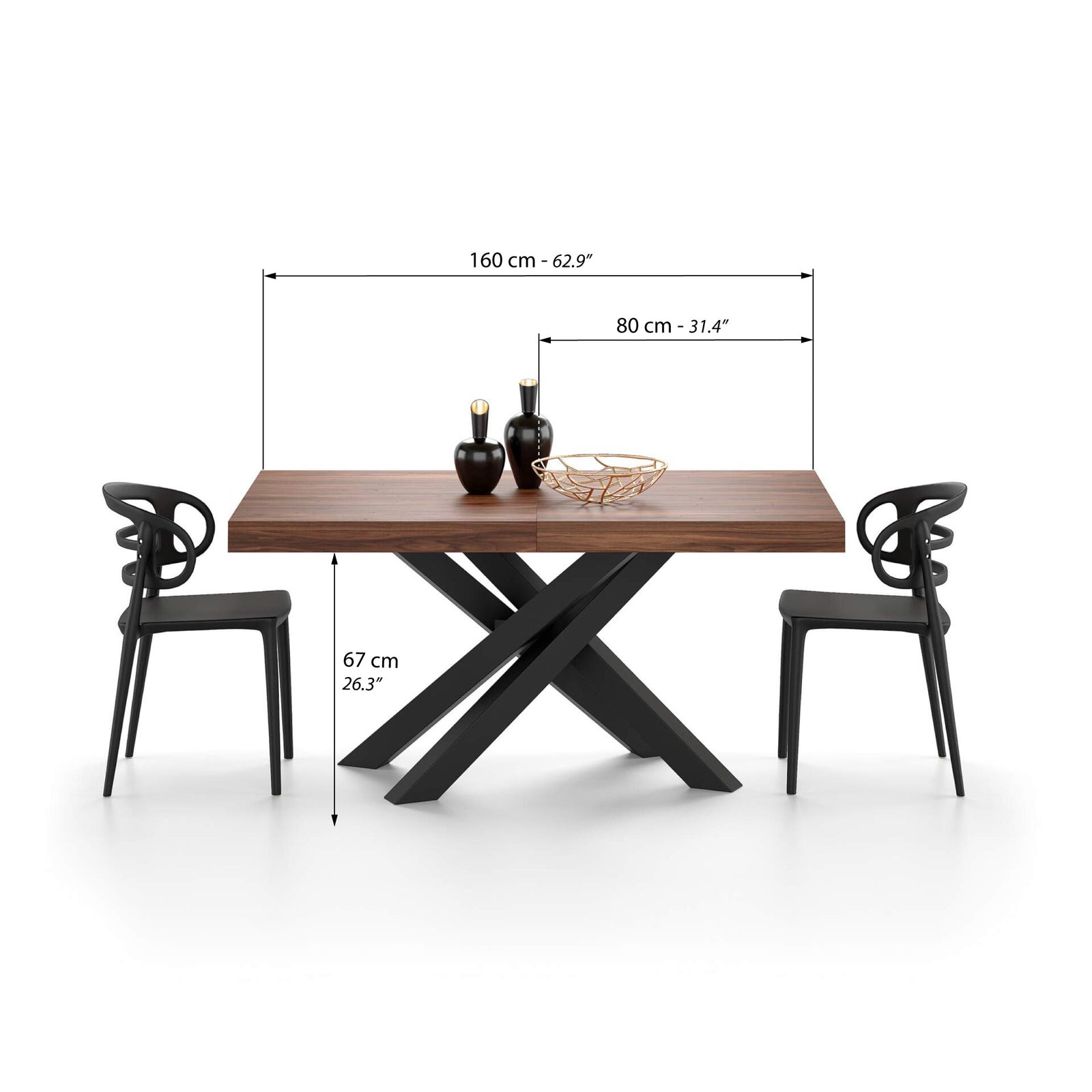 Mesa Extensível Emma 160(240)x90 cm, Nogueira Canaletto com Pernas Cruzadas Pretas - Immagine tecnica 1