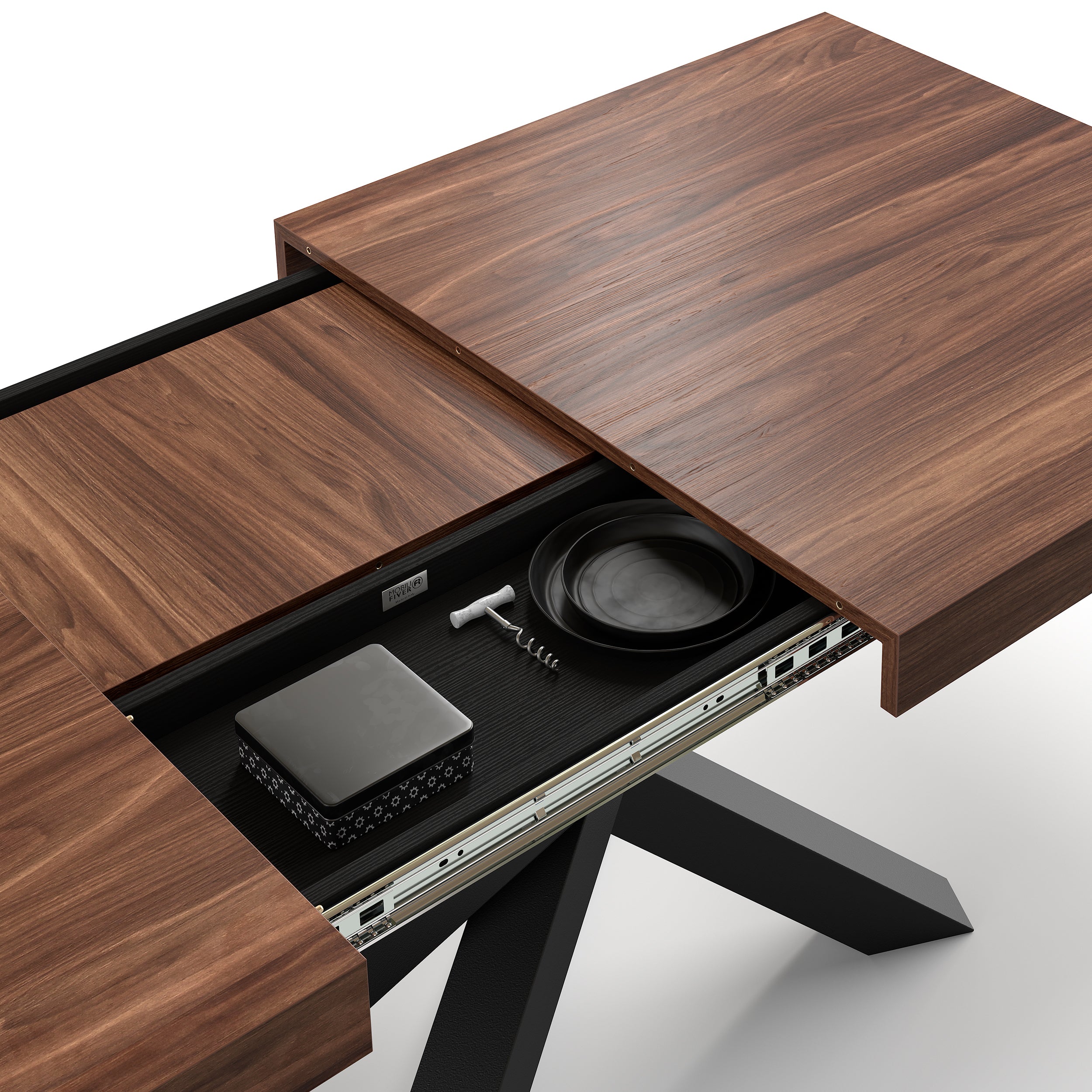 Emma 63(94.5)x35.4 in Extendable Table, Canaletto Walnut with Black Crossed Legs