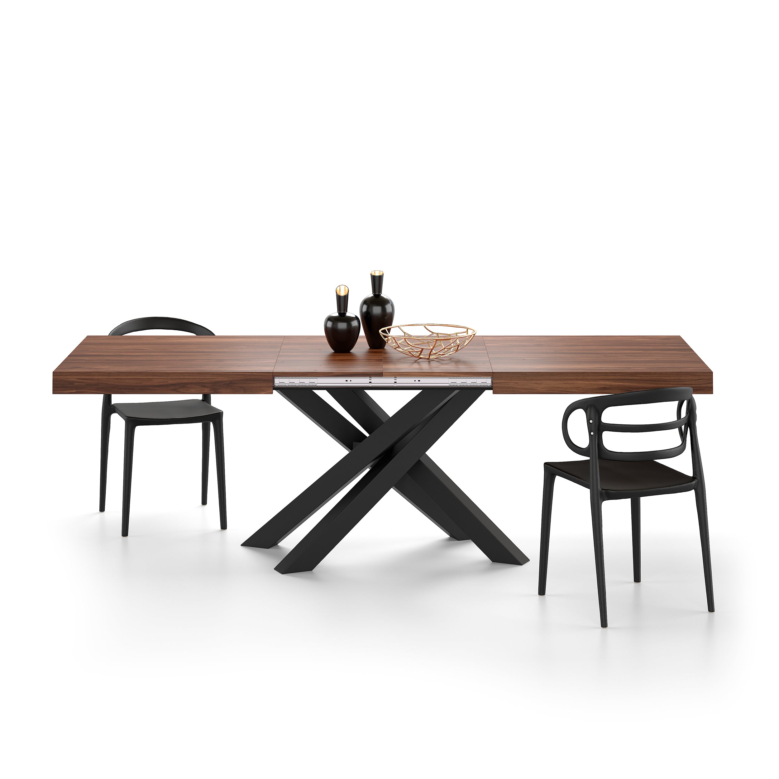Emma 63(94.5)x35.4 in Extendable Table, Canaletto Walnut with Black Crossed Legs