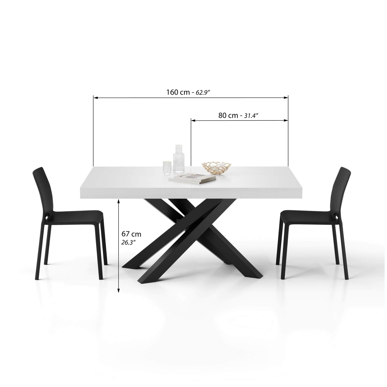 Ausziehbarer Esstisch Emma 160(240)x90 cm, Esche Weiss mit Schwarzen gekreuzten Beinen - Immagine tecnica 1